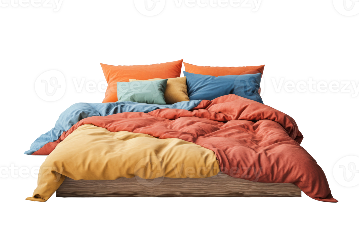 Modern double bed with pillows and duvet. Bedroom furniture with colorful bedding png