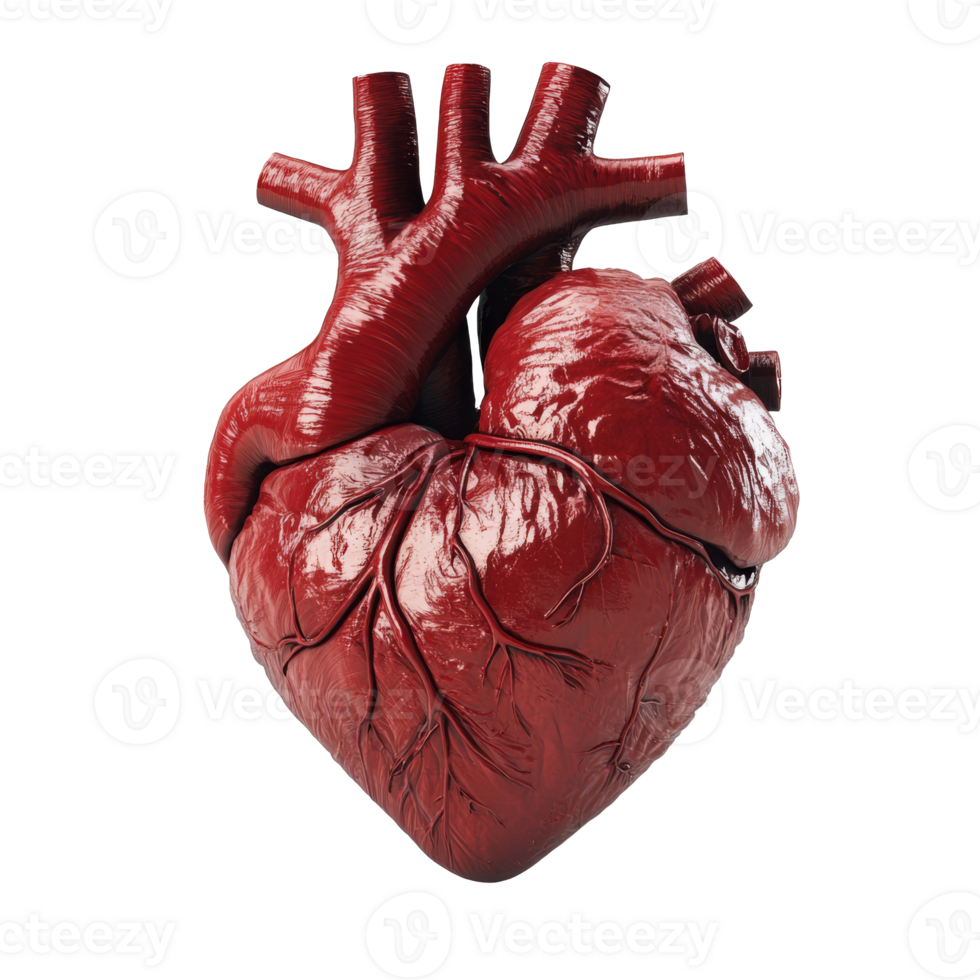 Detailed anatomical model of human heart with complex structure of arteries, veins and muscle tissue. Internal organs for transplantation png