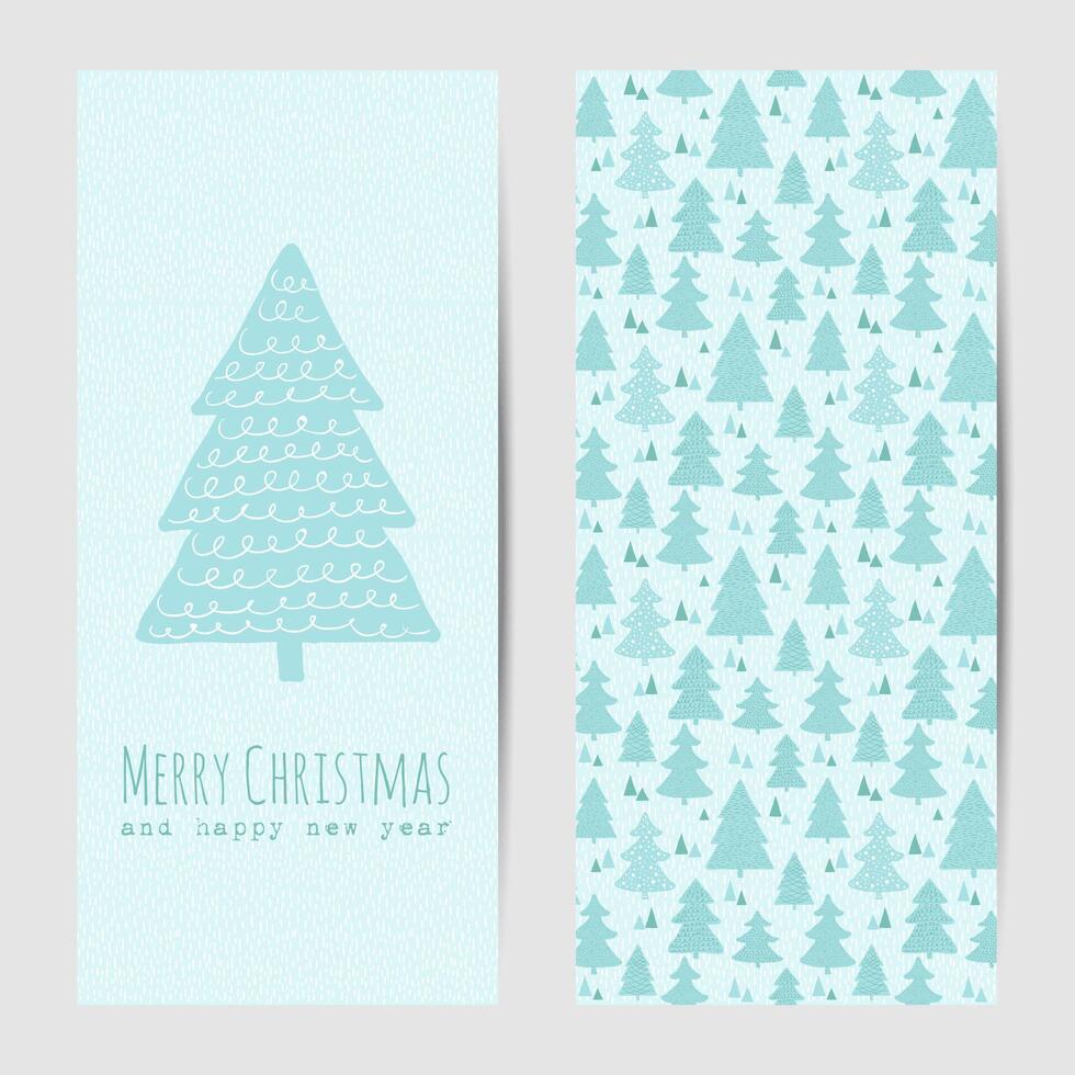 Merry Christmas greeting card or vertical banner with hand drawn Christmas tree pattern vector