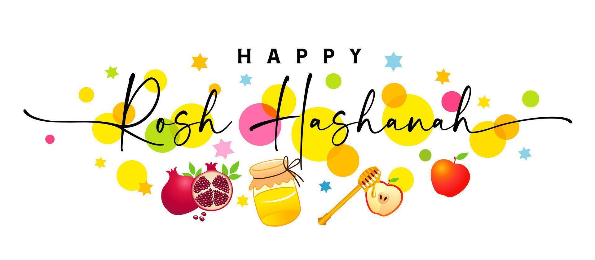 Happy Rosh Hashanah horizontal banner, postcard design. Festive background with 3D elements vector