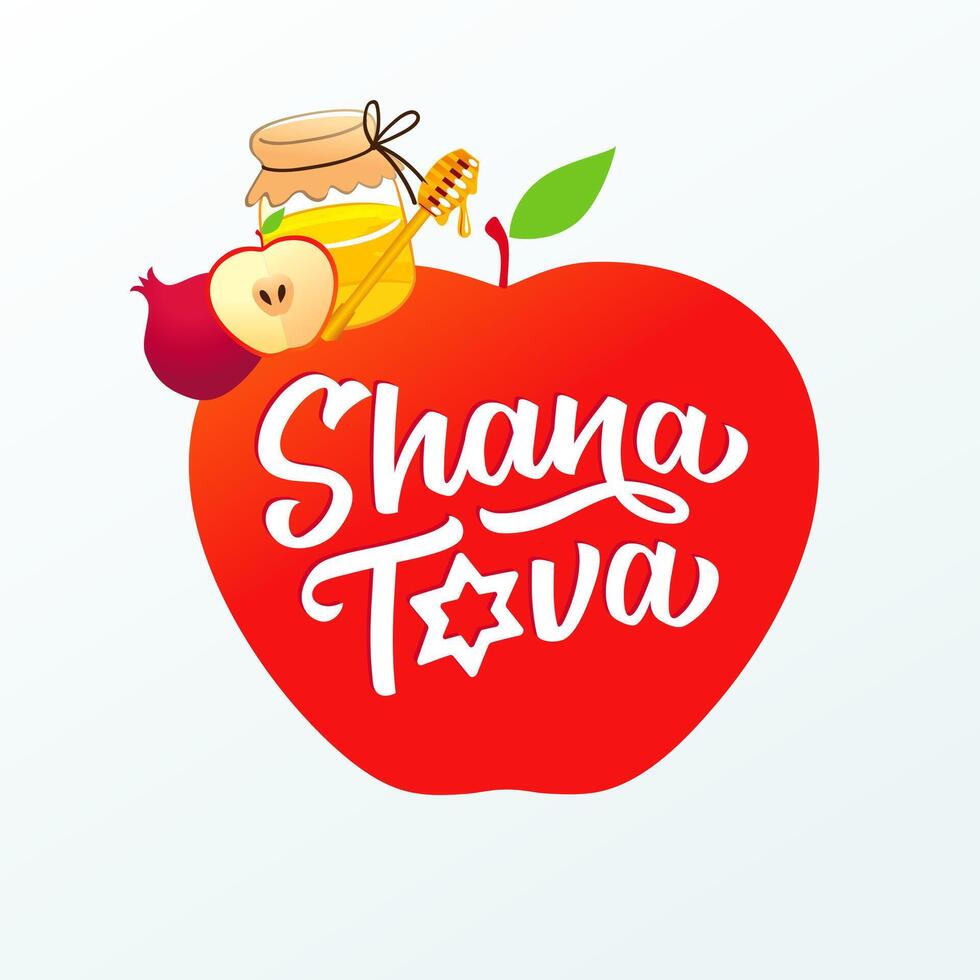 Shana Tova cute banner with 3D apple, pomegranate and honey. Happy New Year, Jewish holiday greetings vector