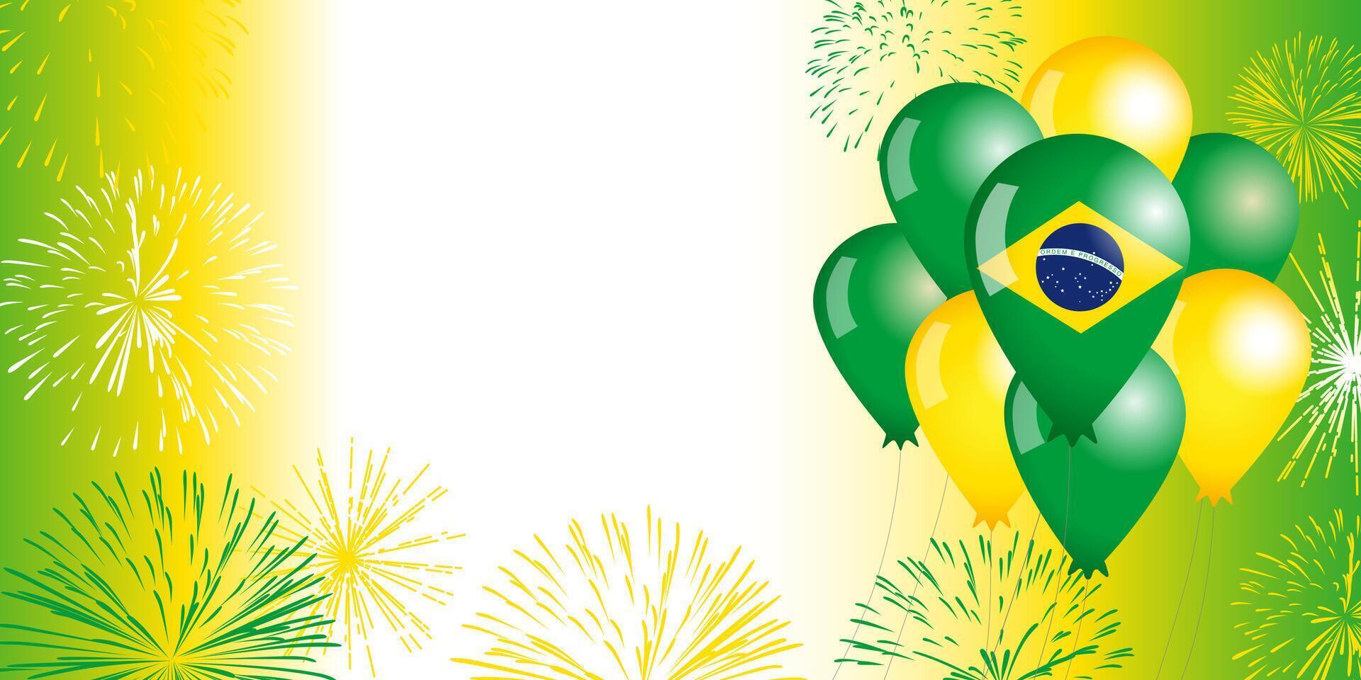 Horizontal background design with flag, balloons in Brazilian national colors and salute for patriotic holiday. vector