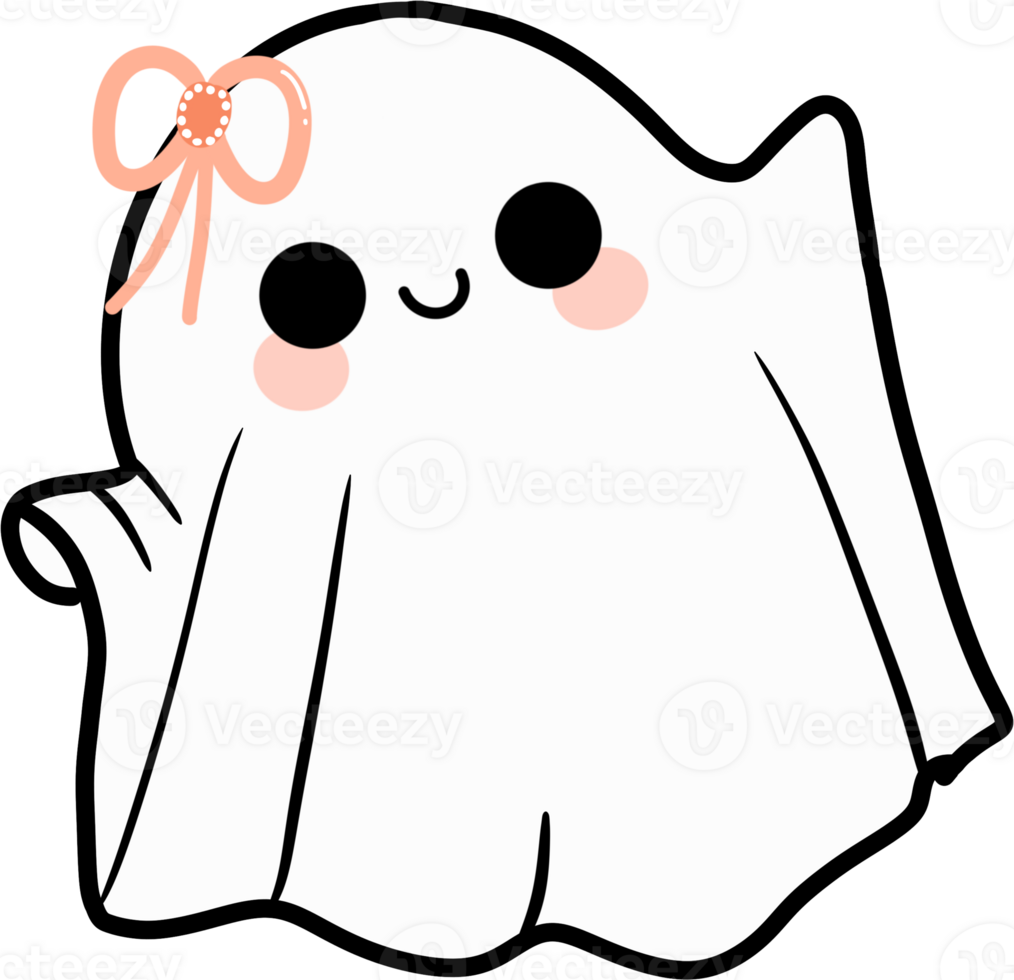 Cute retro Halloween ghost with flowers on his head and in his hands. png