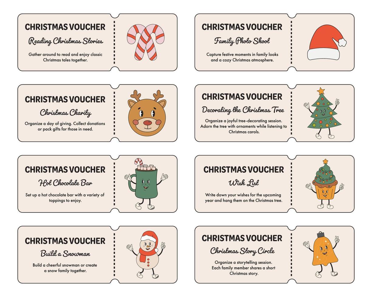 Christmas voucher with activities and tasks for family. Celebration advent time, winter holidays activities. Christmas gift coupons, vouchers, tickets. Christmas coupon book. vector