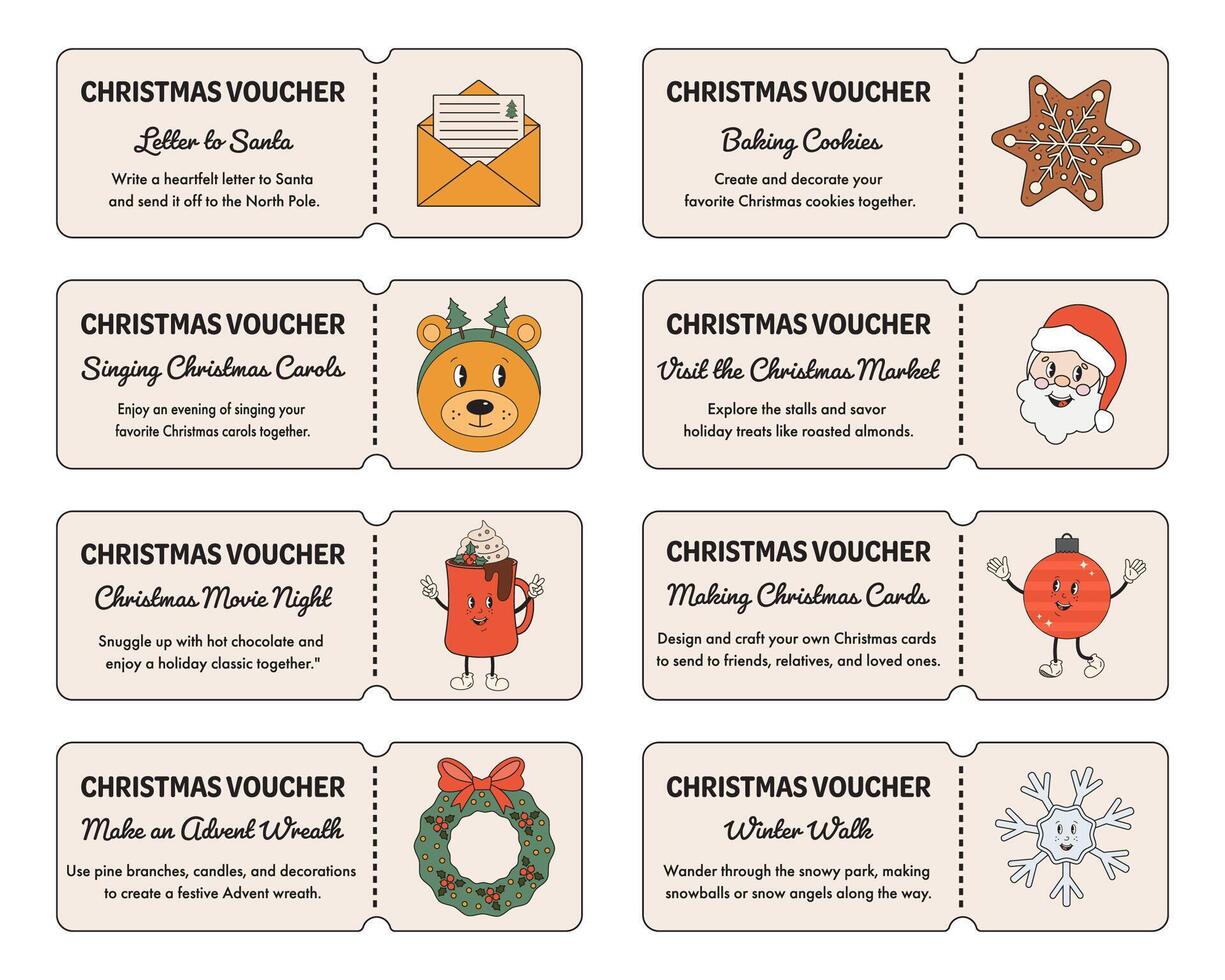 Christmas activities voucher collection. Cute coupons with Christmas advent activities. Celebrating Christmas time with family. Winter holiday season. Gift coupons, vouchers for friends and couple. vector