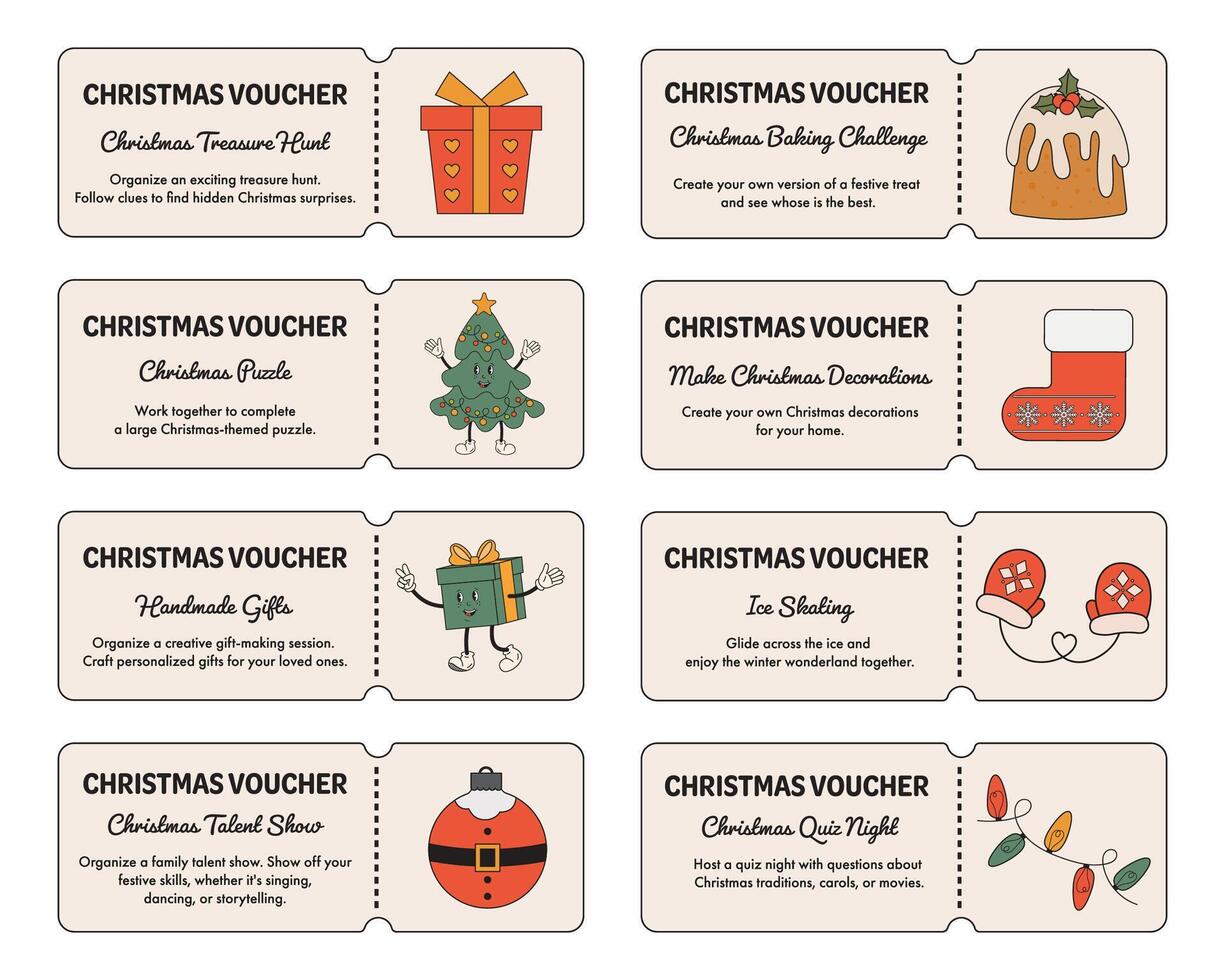 Advent voucher with Christmas activities and tasks for family, friends, couples. Christmas gift idea, celebration of winter holidays. Christmas coupon book. Funny vouchers in vintage retro style. vector