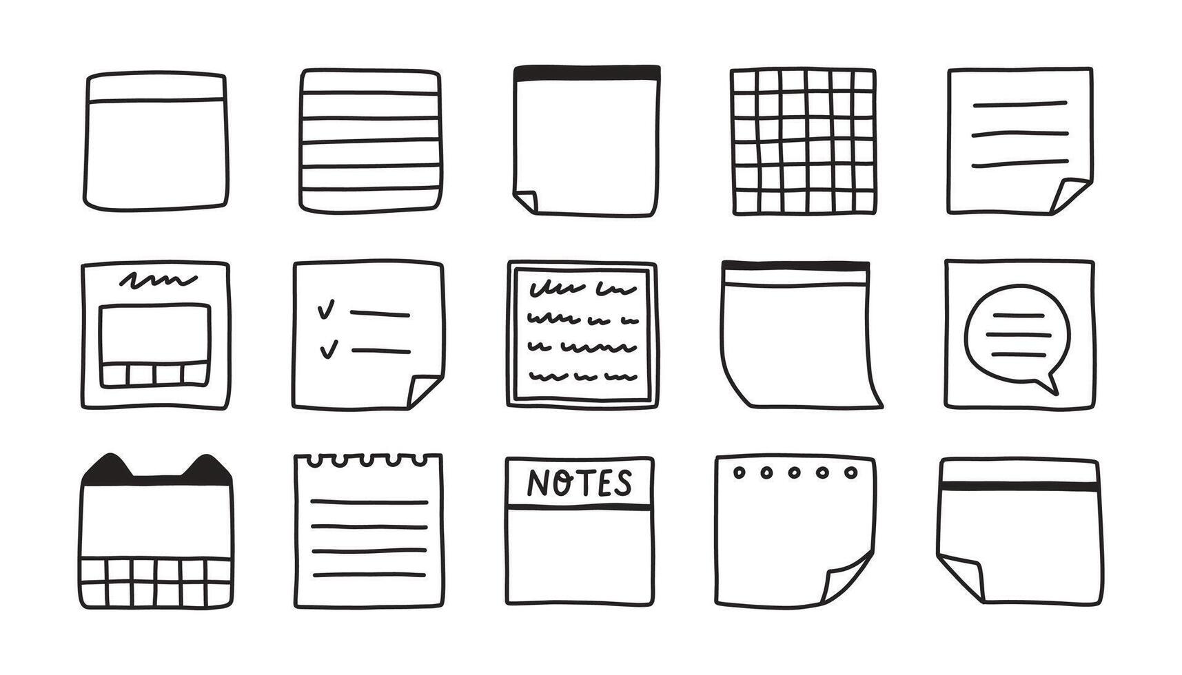 Simple sticky note set. Memo doodle. Blank square sheets of notepaper. A variety of paper stickers. Hand drawn isolated vector
