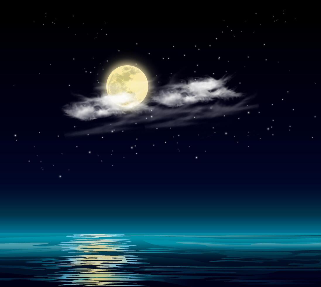 Full Moon Stars And Clouds Magical Night Reflecting On Blue Water vector
