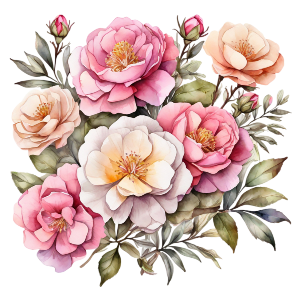 Watercolor painting of pink and white roses png