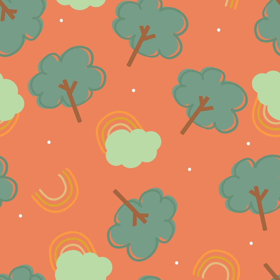 Seamless pattern with cute cartoon trees, clouds and rainbows, for fabric prints, textiles, gift wrapping paper. children's flat and colorful style vector