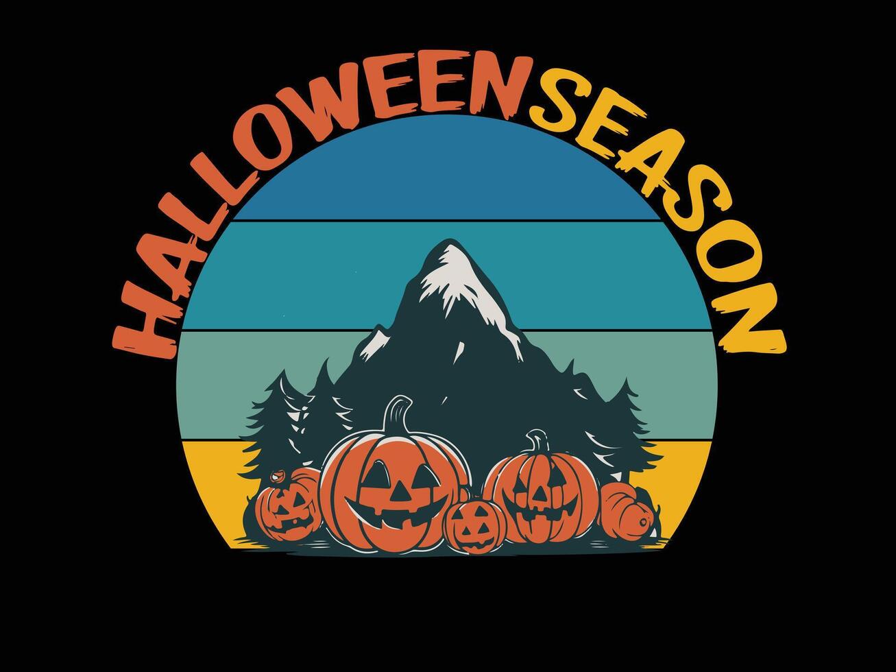 Pumpkin and Mountain sunset striped circle silhouette design image for T shirt design. Happy Halloween vector
