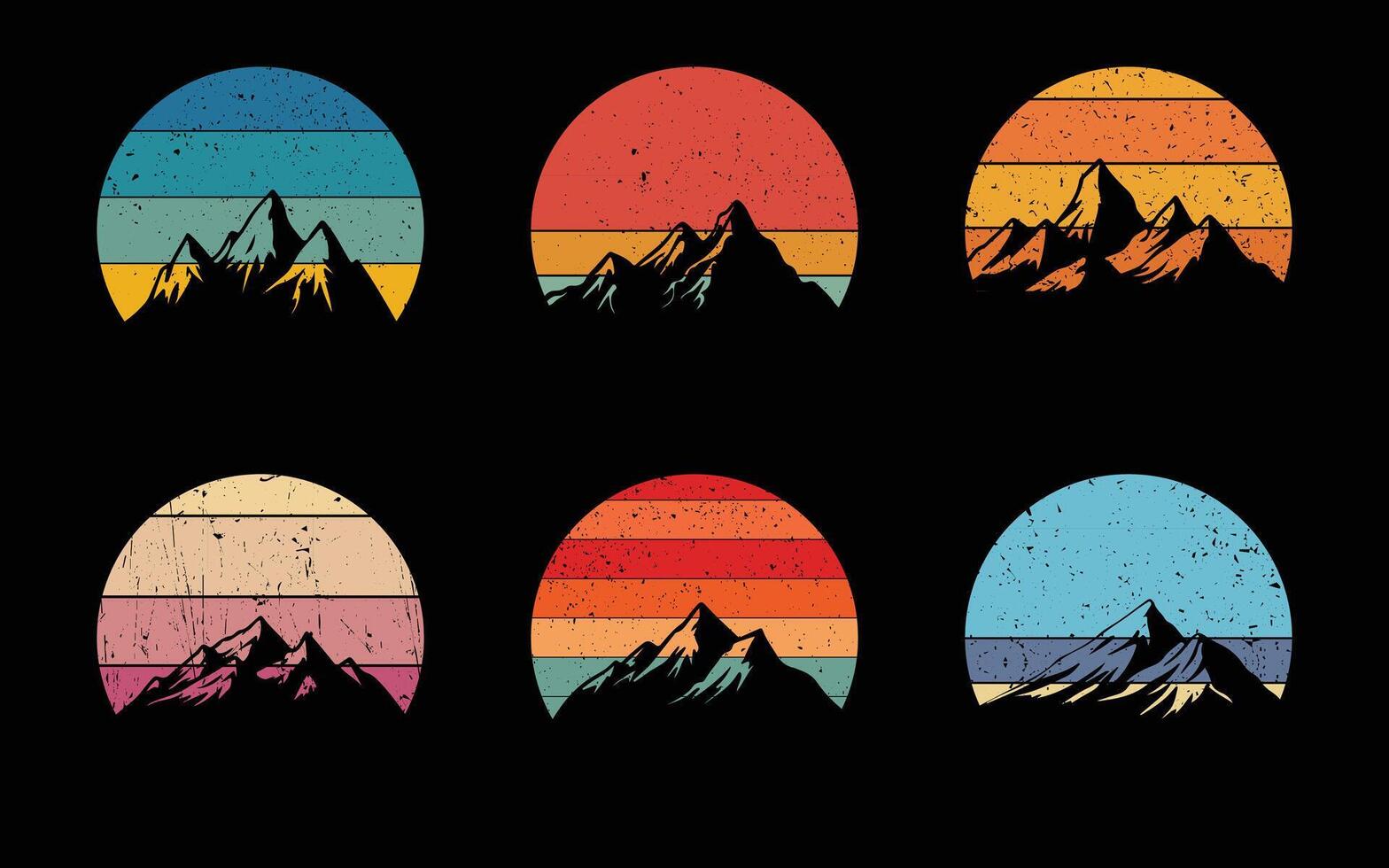 Retro sunset grunge collection for banner or print. 80s style retro wave striped circles with mountains and forest trees vector