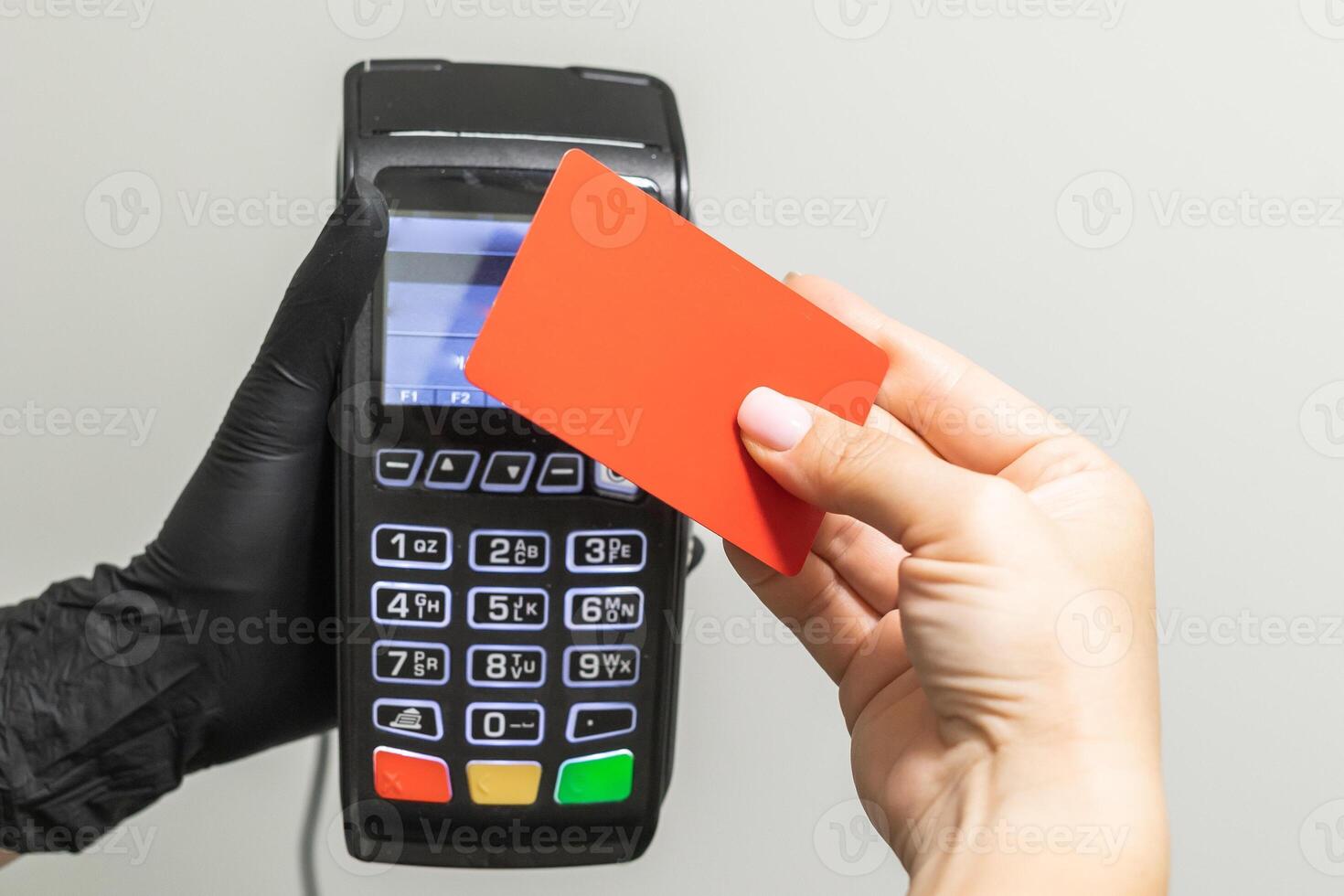 Pay money credit card for spending money with Payment machine. Copy space and empty place for advertising text mock up photo