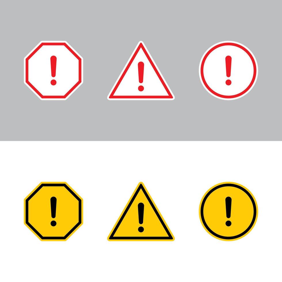 Warning sign icon set in flat design. Danger caution symbol vector