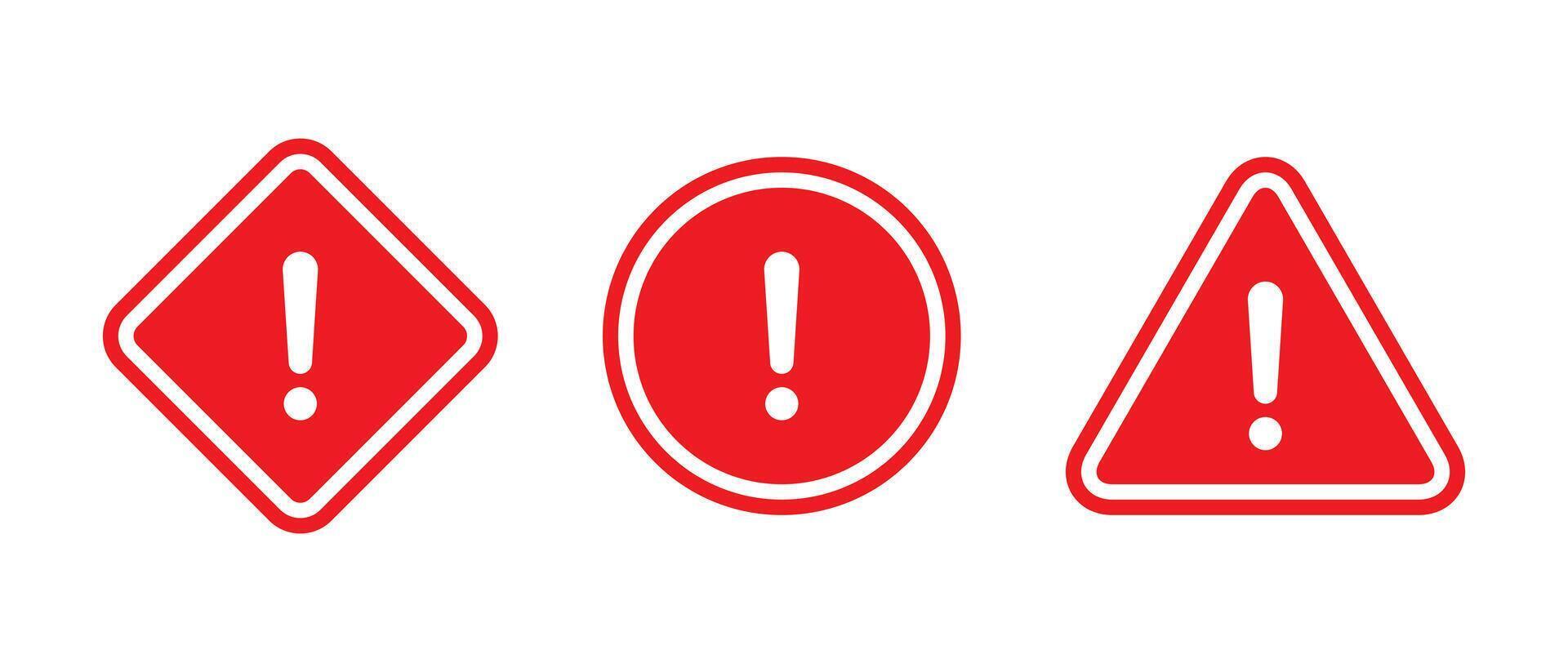 Red warning sign icon set in flat style. Caution concept vector