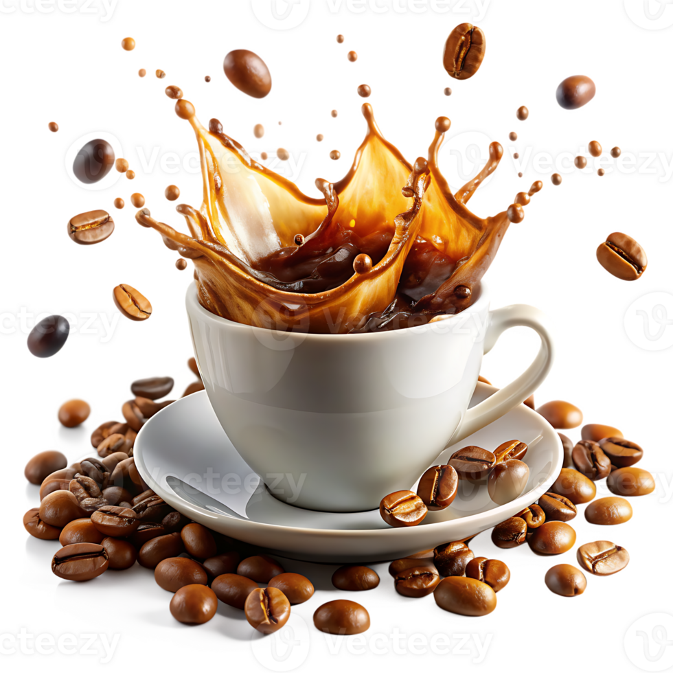 Dynamic Coffee in mug Splash and Beans on transparent background png