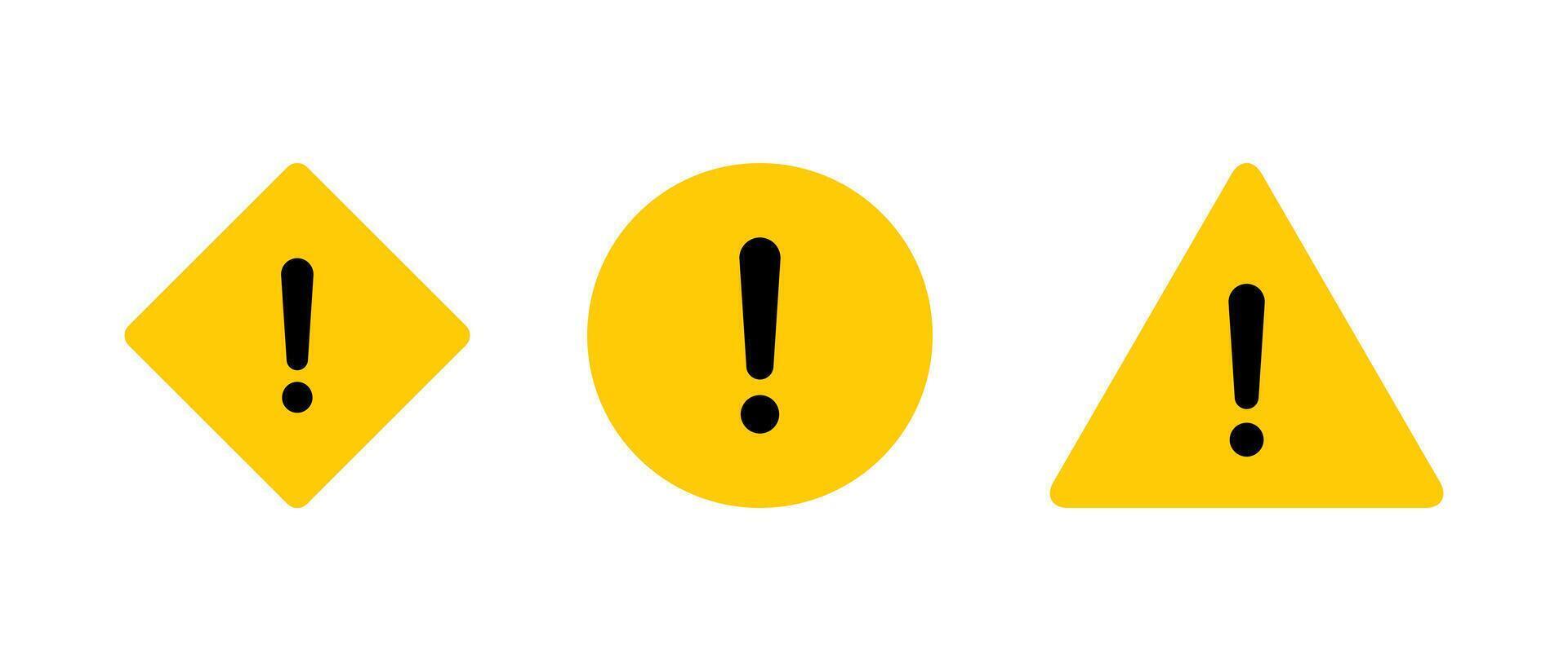 Yellow warning sign icon set in flat style. Danger caution symbol vector