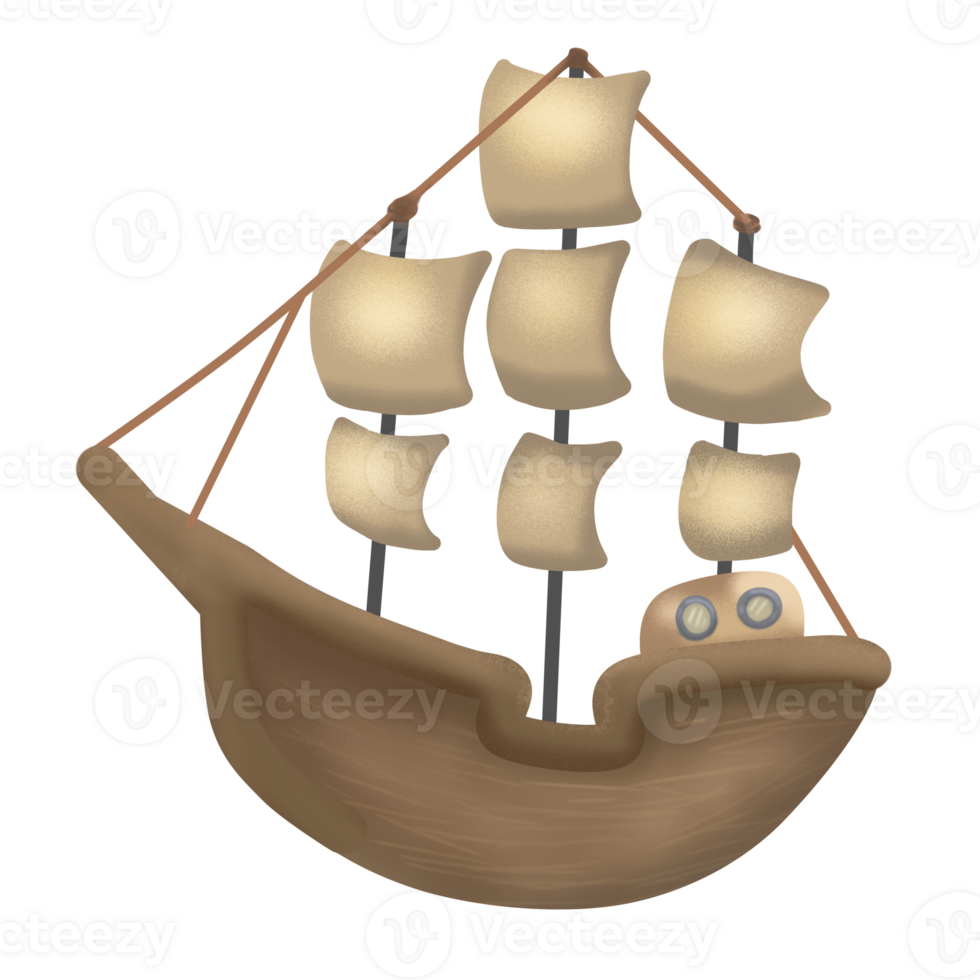 a ship with several sails. This ship is like an ancient sailing ship that is often associated with exploration or piracy png