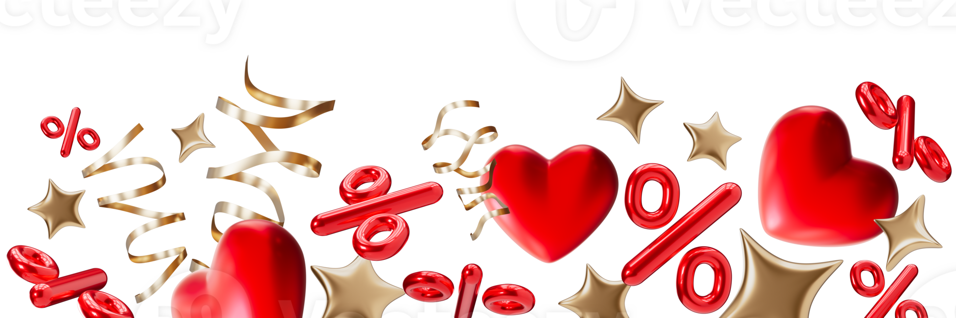 Footer with red percentage symbols, hearts, golden ribbons and stars, on transparent background. Valentines Day sale. Special offers, discounts. Modern border. Bottom of the sheet. Foreground. 3D. png