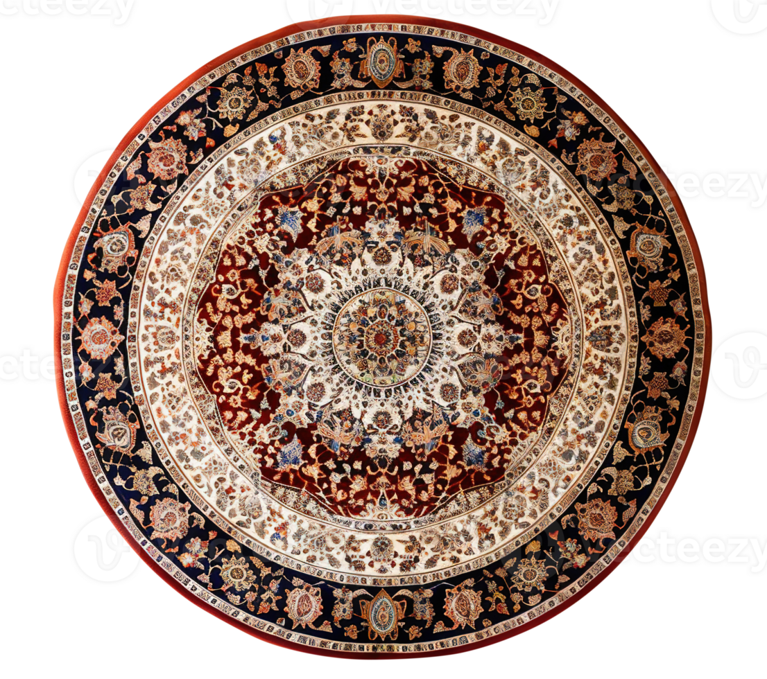 Exquisite round carpet with rich red core and intricate floral, geometric pattern, top view. Rug on transparent background. Cut out home decor. Vintage, boho style. High angle view. png