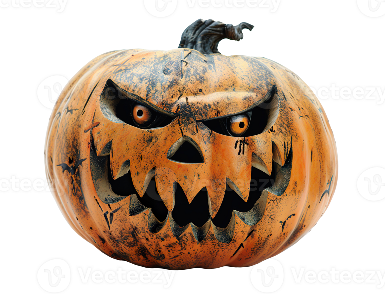 Halloween pumpkin featuring detailed, eerie carvings and worn look, on transparent background. Unique, sinister face, perfect for spooky season. png