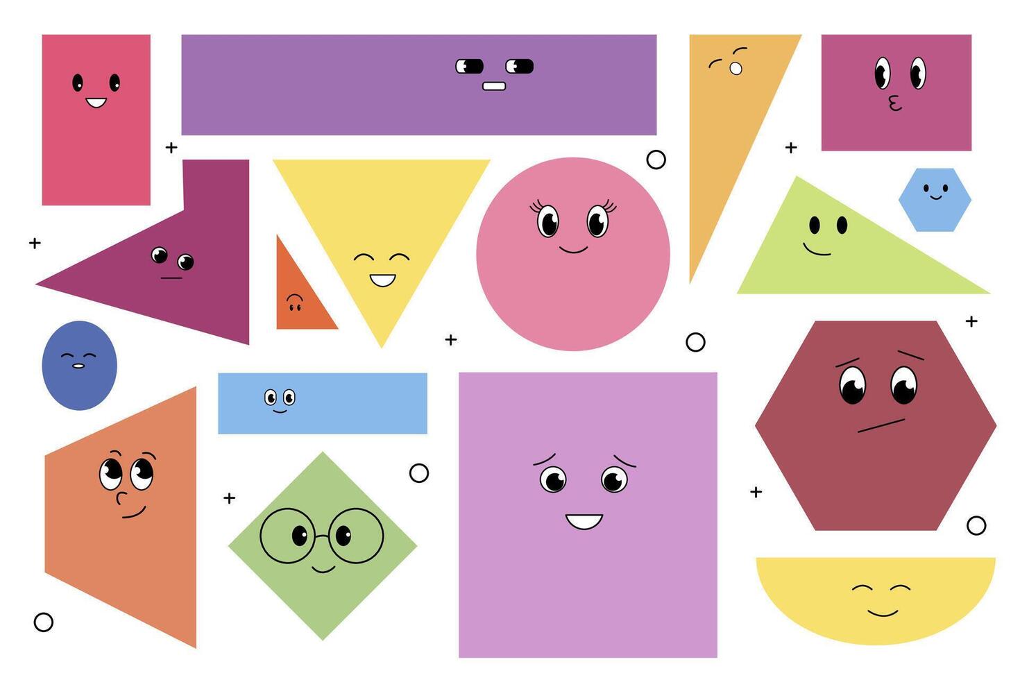 Cute geometric faces Isolated polygon face with eyes and emotions Circle shape characters Funny cartoon abstract kids utter elements vector