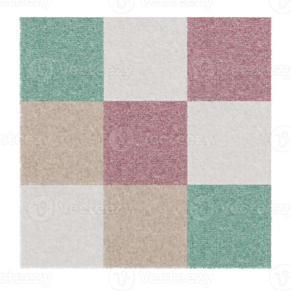Pastel colored square carpet with detailed texture, perfect for modern kids room interiors, on transparent background. Cut out rug. Contemporary, playful style. Top view, floor plan element. 3D. png