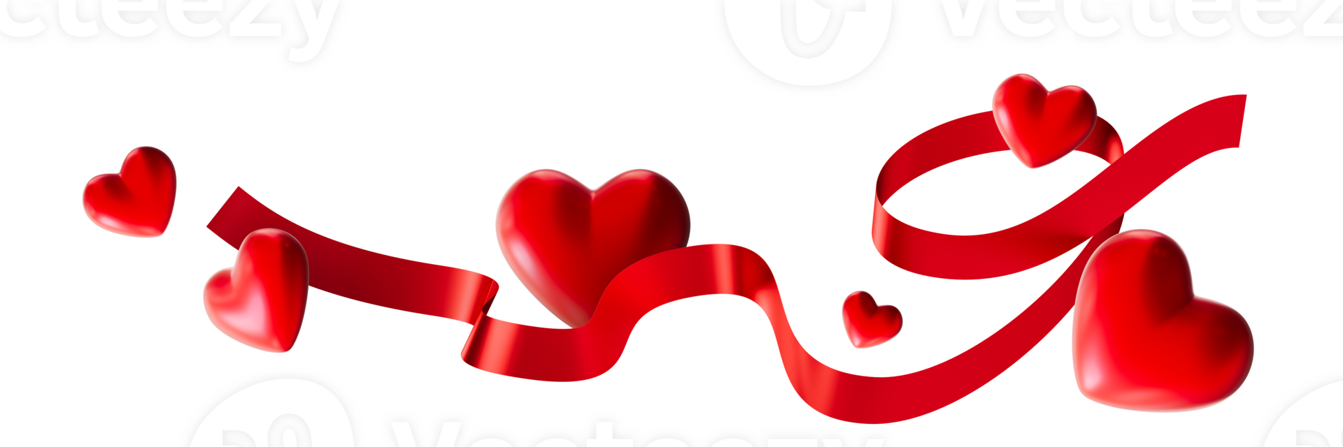Glossy red hearts intertwined with flowing satin ribbon, on transparent background, ideal for romantic and celebratory themes. Elegant Valentines Day footer, header or divider. 3D render. png