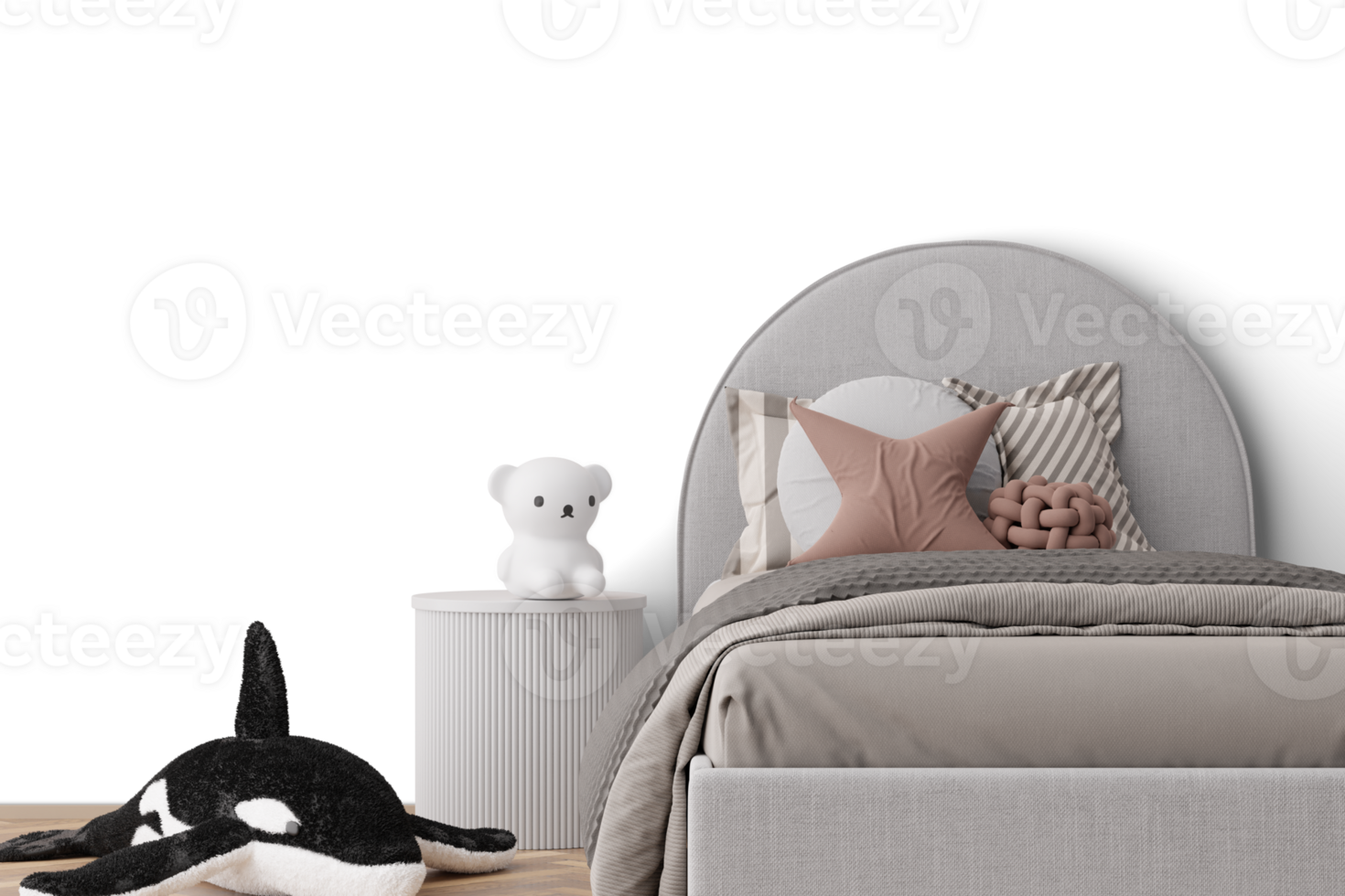 Kids room furniture and accessories on transparent background. Copy space for wallpaper design, wall panels, photo wallpaper, print. Children interior mockup. 3D. png