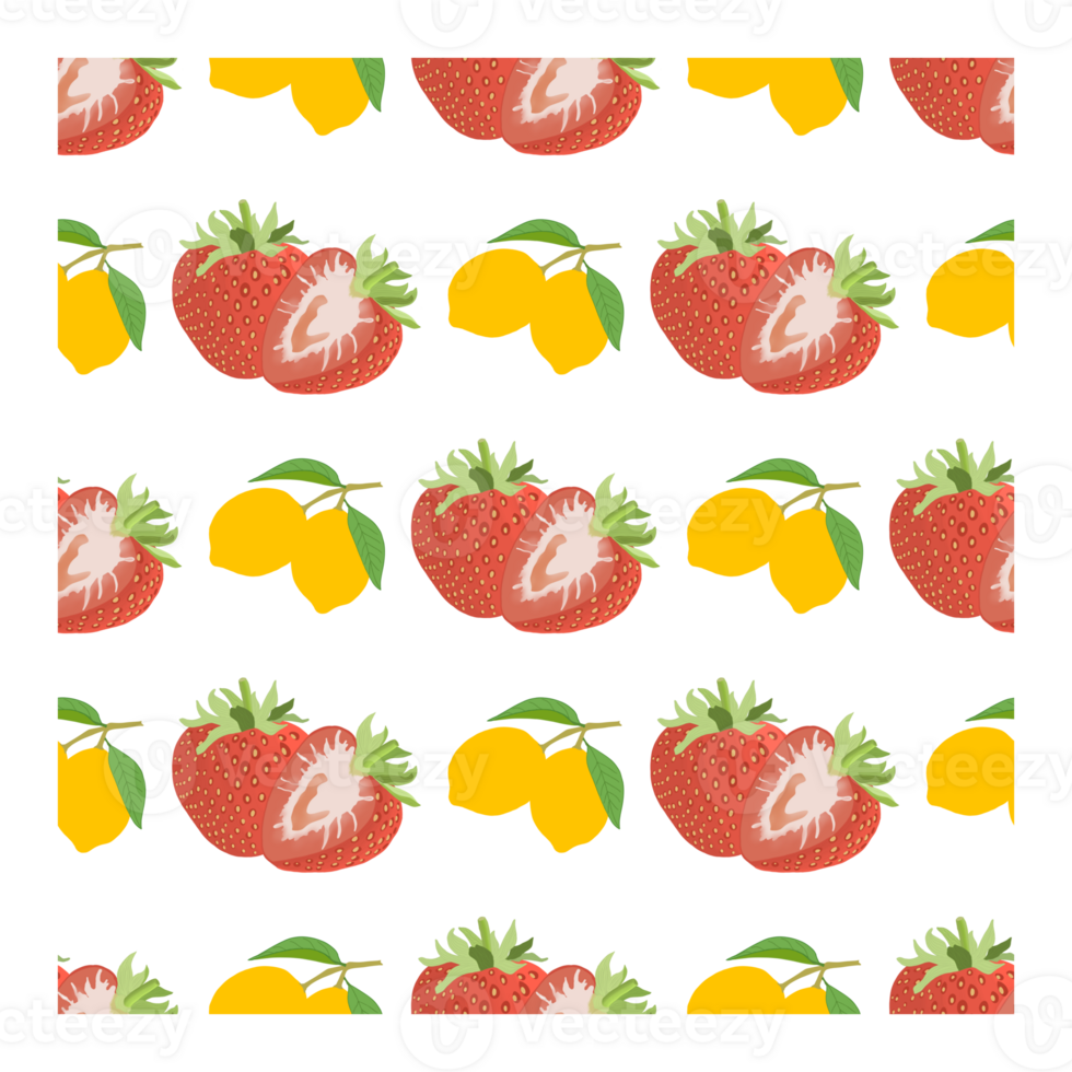 Strawberry and lemons seamless pattern on transparent background. png