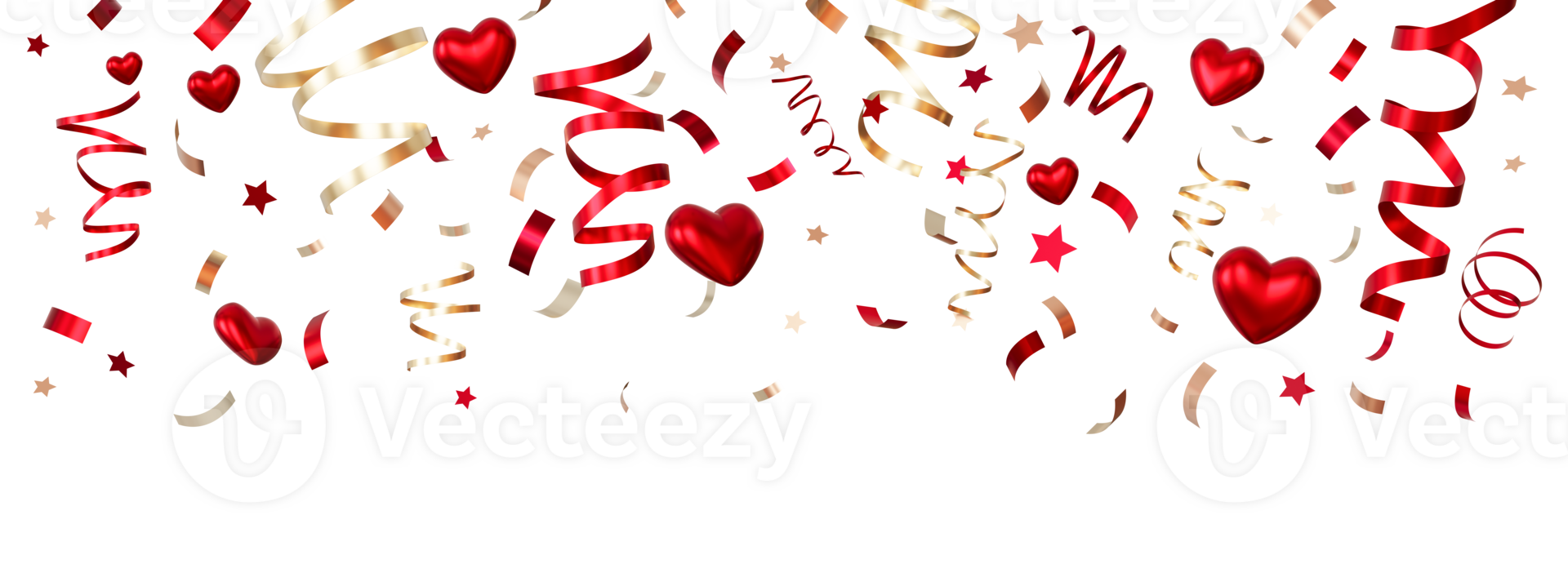 Elegant header with red hearts, golden and red ribbons, confetti, perfect for festive, romantic themes, on transparent background. Celebration of love. Top of page. Glitter, particles. 3D render. png