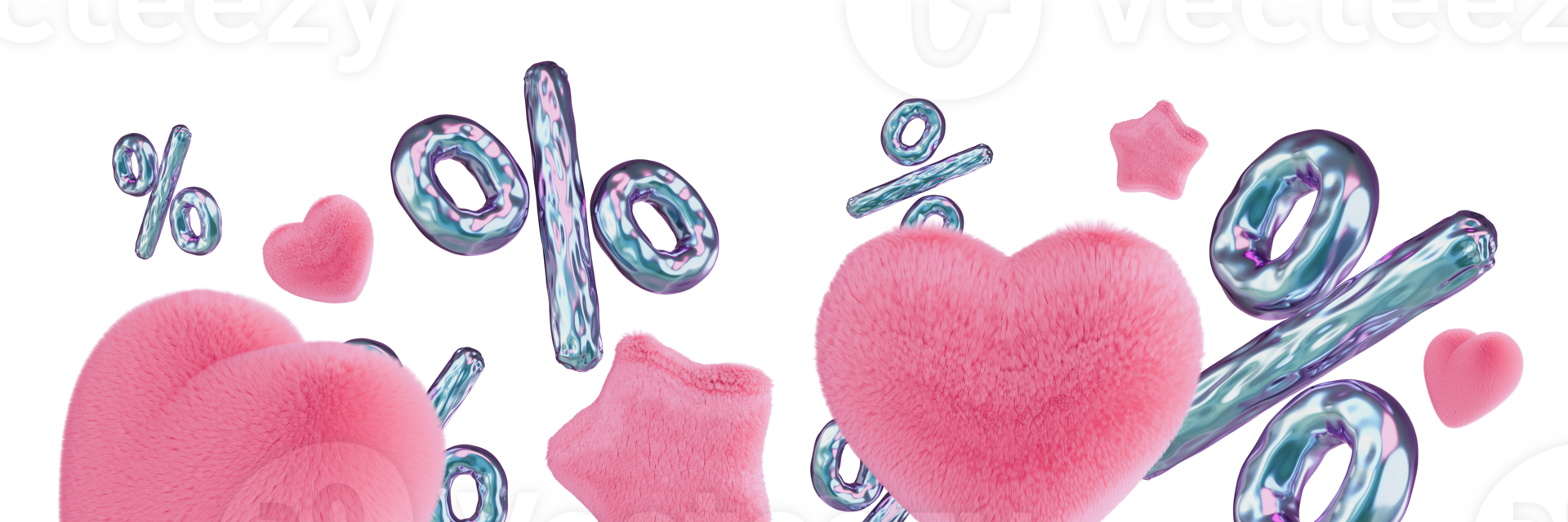 Cute footer with holographic percentage symbols, fluffy pink hearts and stars, on transparent background. Valentines Day sale, offer, discounts. Modern border. Bottom of the sheet. Foreground. 3D. png