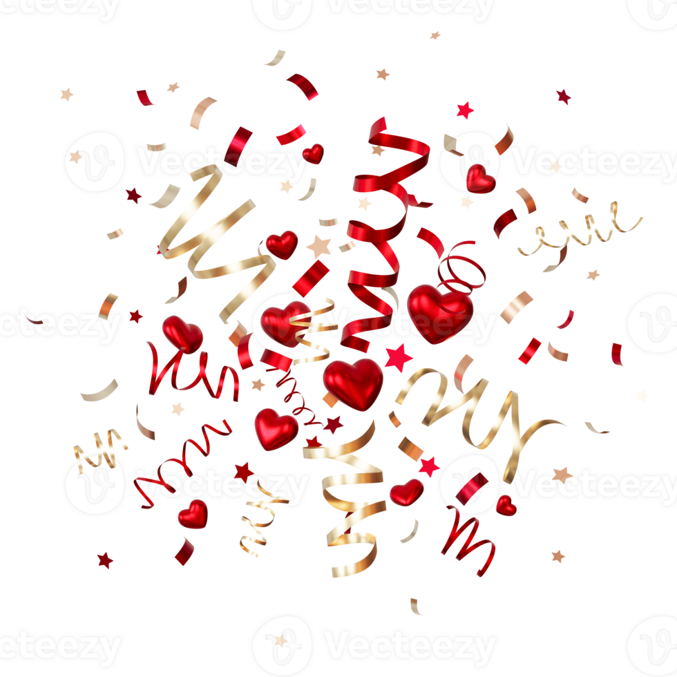 Floating red hearts, golden and red ribbons and confetti, perfect for festive and romantic themes, on transparent background. Celebration of love. Circle, round form. Glitter, particles. 3D render. png