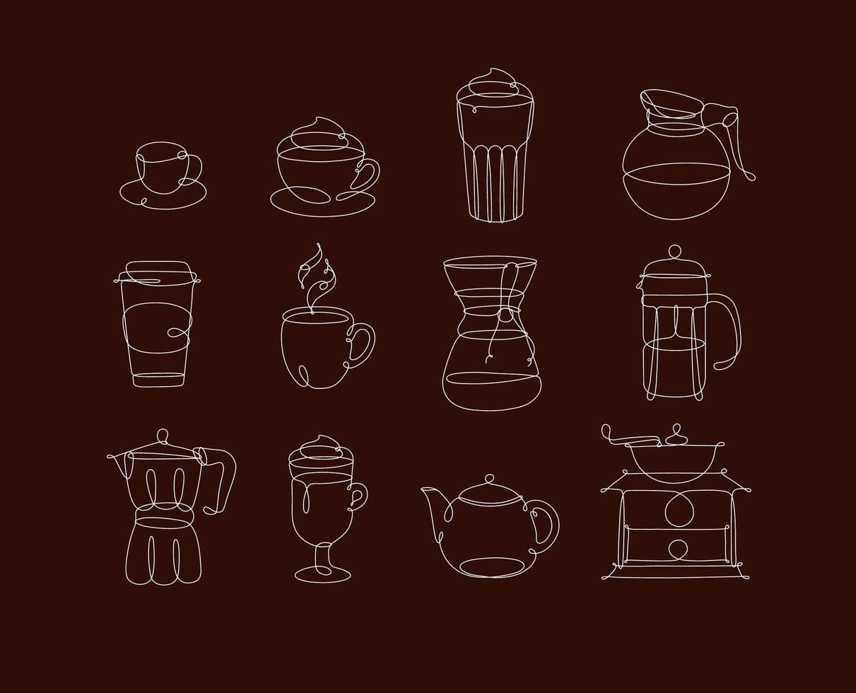 Coffee icons in pen hand drawing lines style on brown background vector
