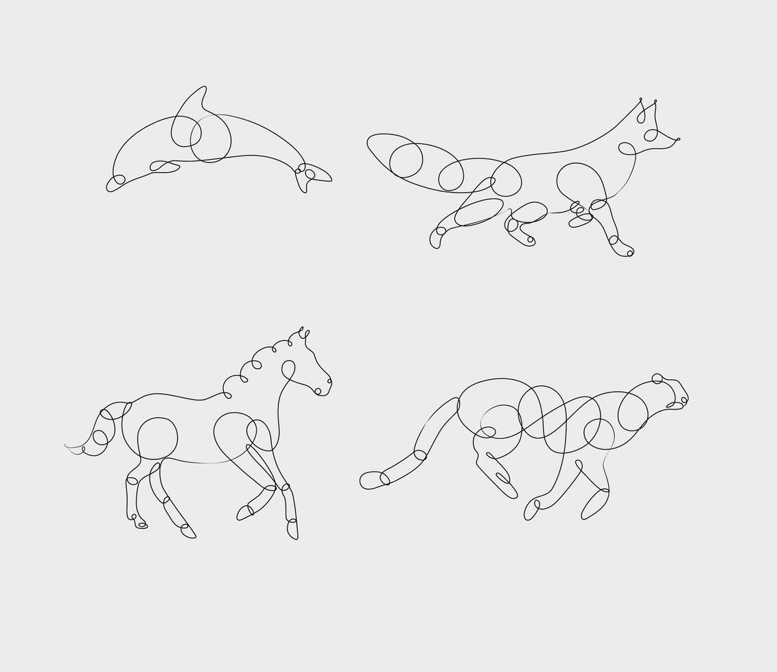 Set of animals dolphin, fox, horse, cheetah drawing in pen line style on light background vector