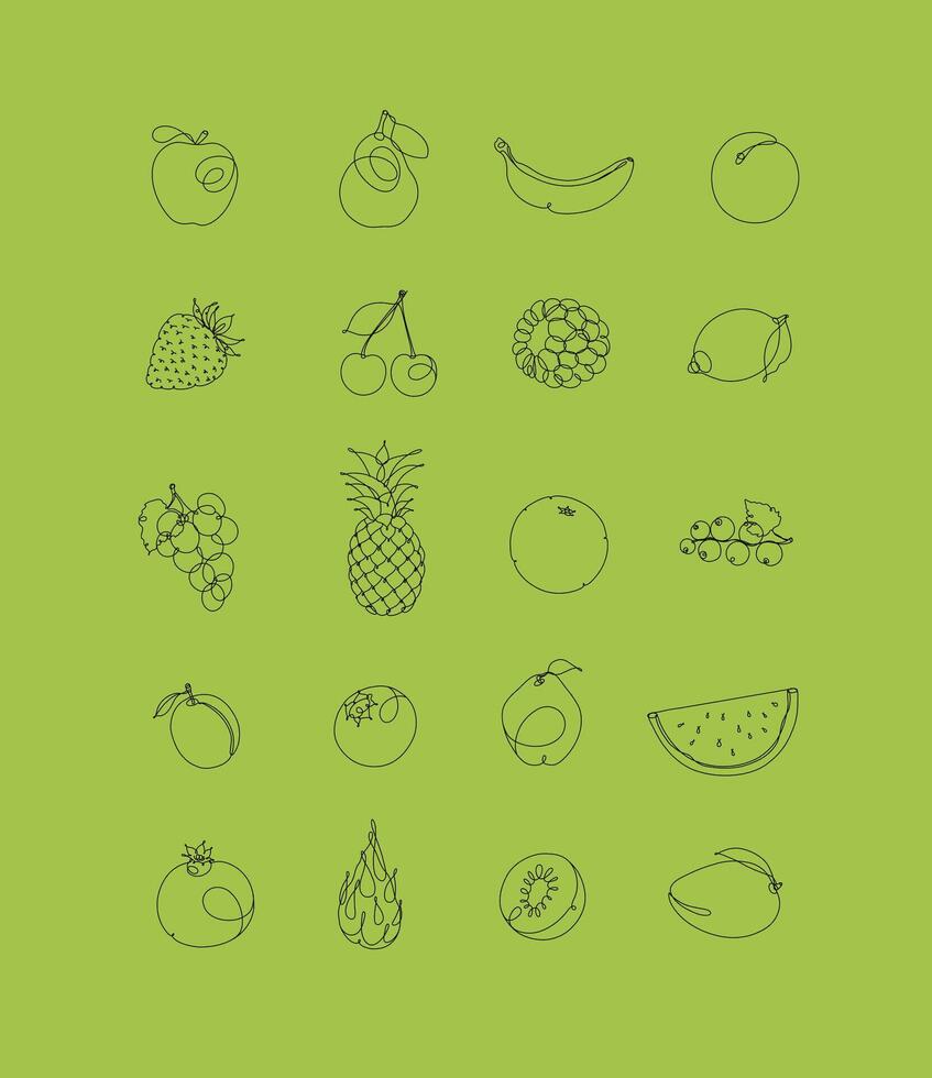 Fruits icons in pen hand drawing lines style on green background vector