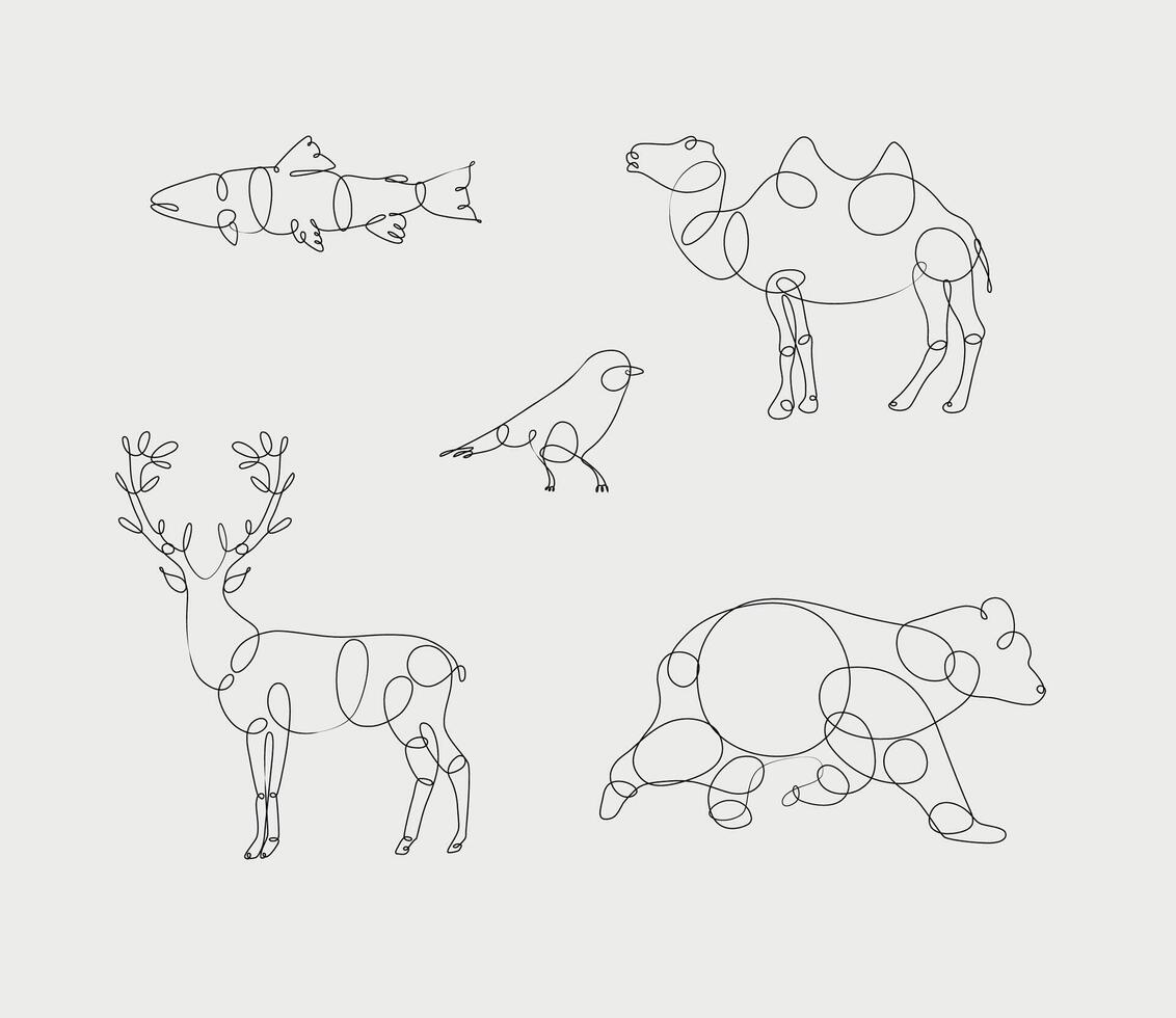 Set of animals fish, camel, bird, deer, bear drawing in pen line style on light background vector