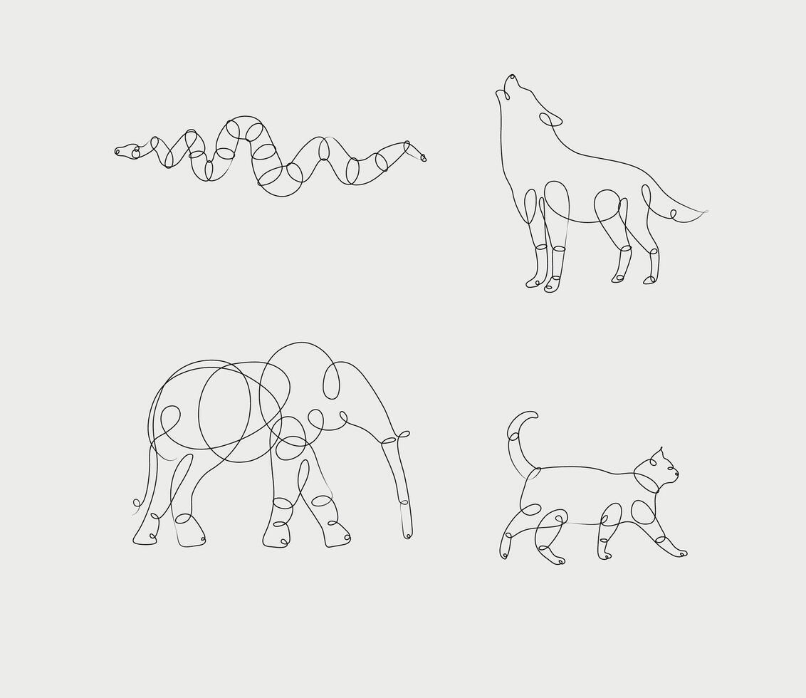 Set of animals snake, wolf, elephant, cat drawing in pen line style on light background vector