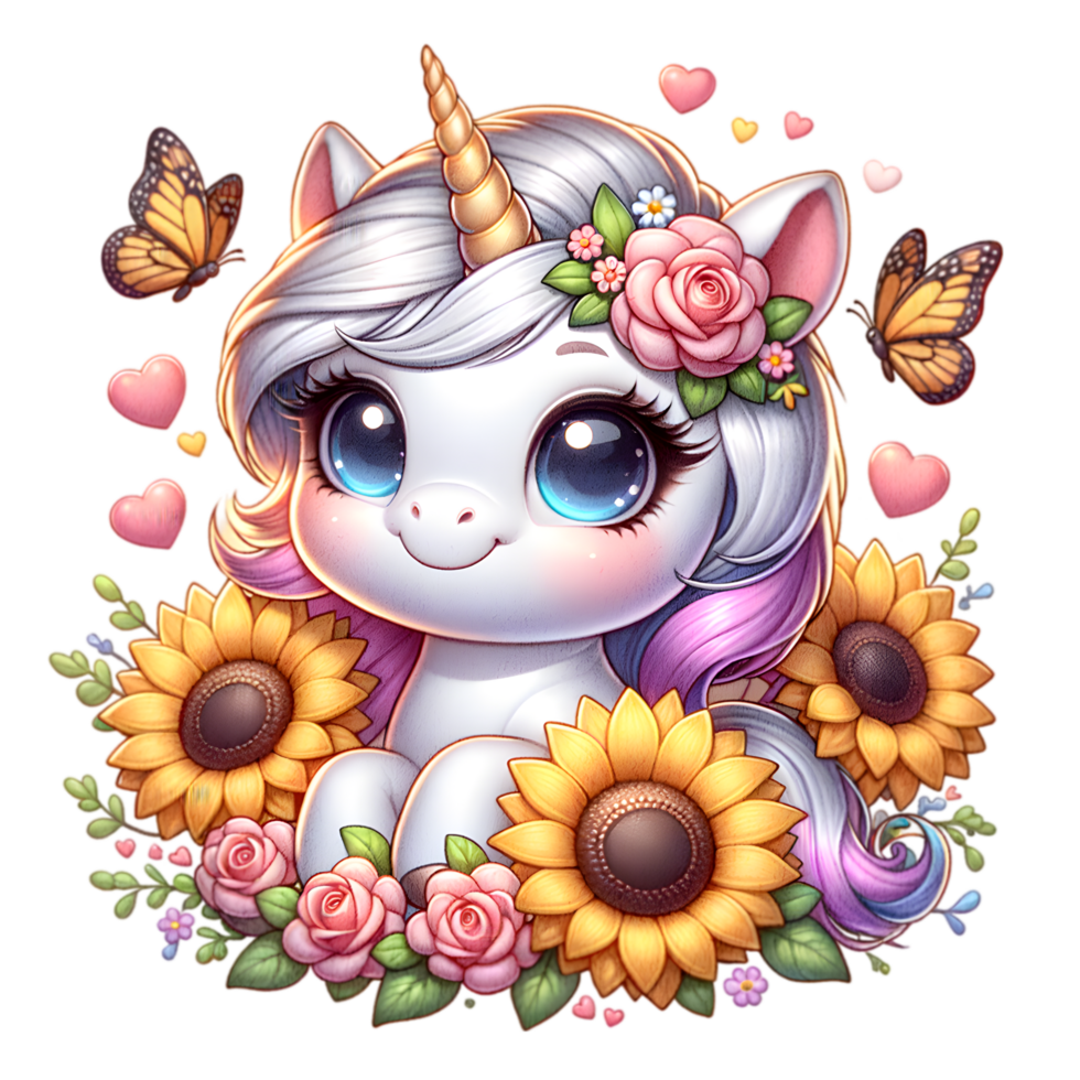 cute little unicorn with flowers and butterflies on transparent background png