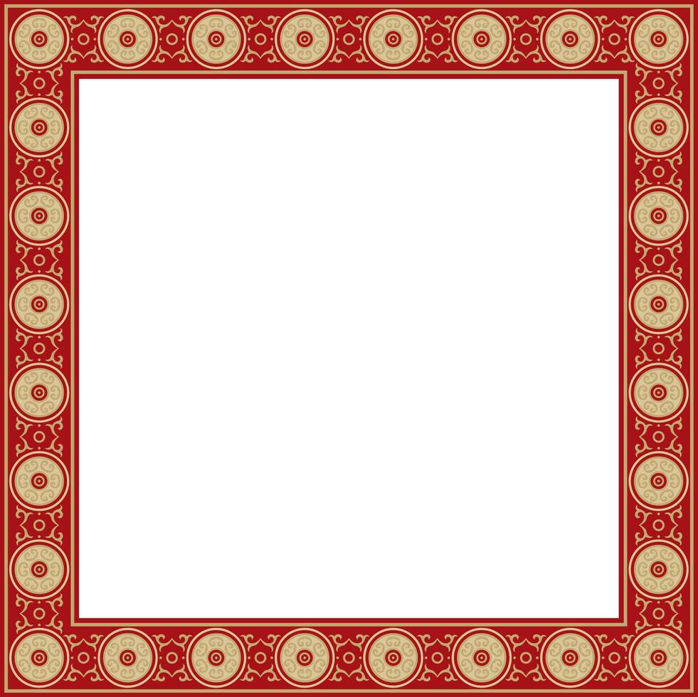 square gold with red ancient Russian ornament. Slavic rectangle, border, frame. Painting of the royal chambers. vector