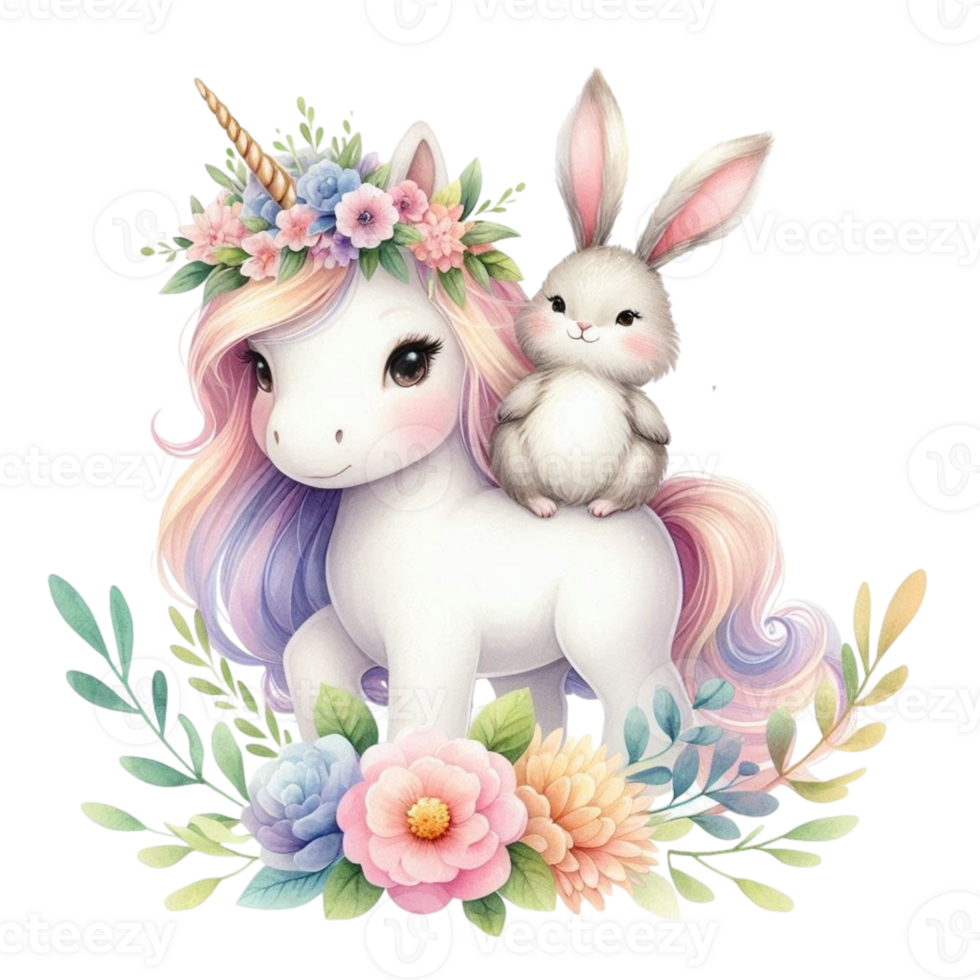 aigenerated cute unicorn with bunny and flowers png