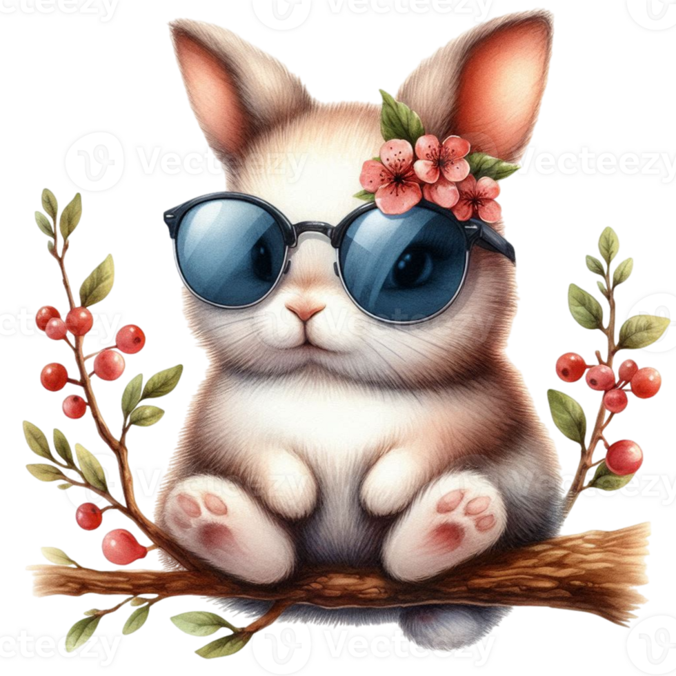 aigenerated cute bunny wearing sunglasses sitting on a branch with berries png