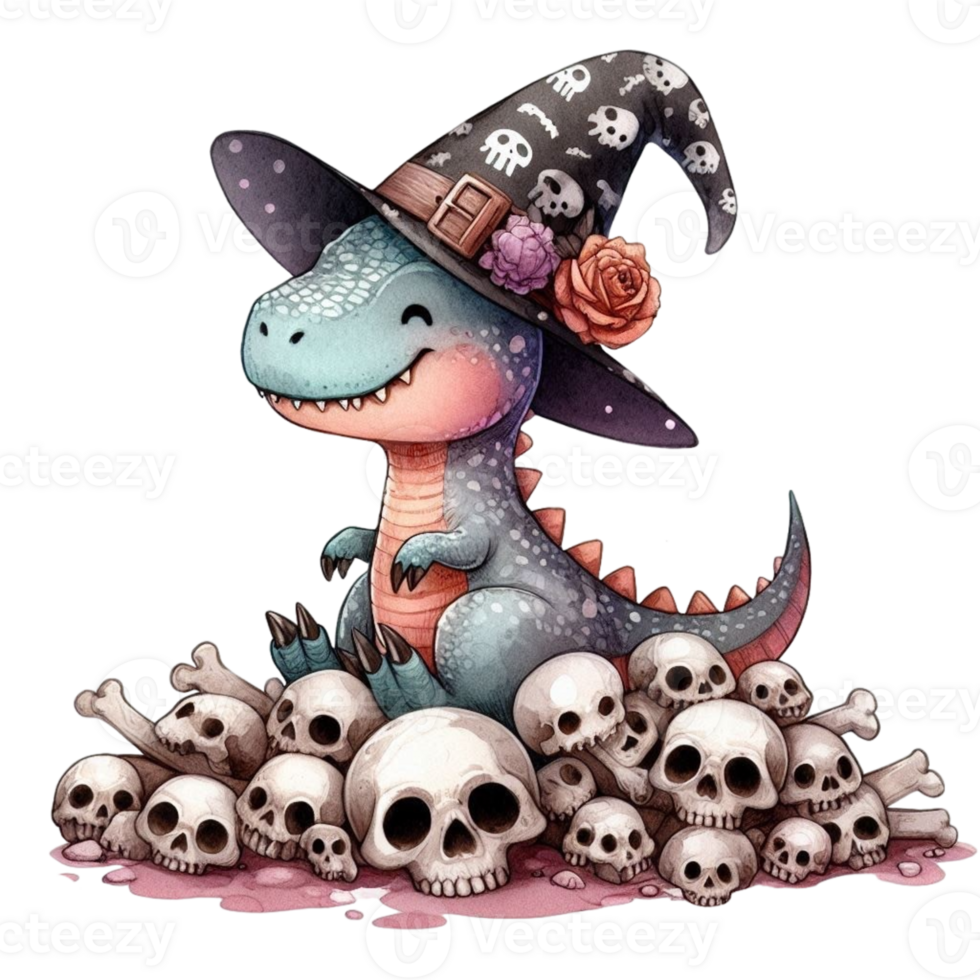 aigenerated cartoon dinosaur in witch hat with skulls png
