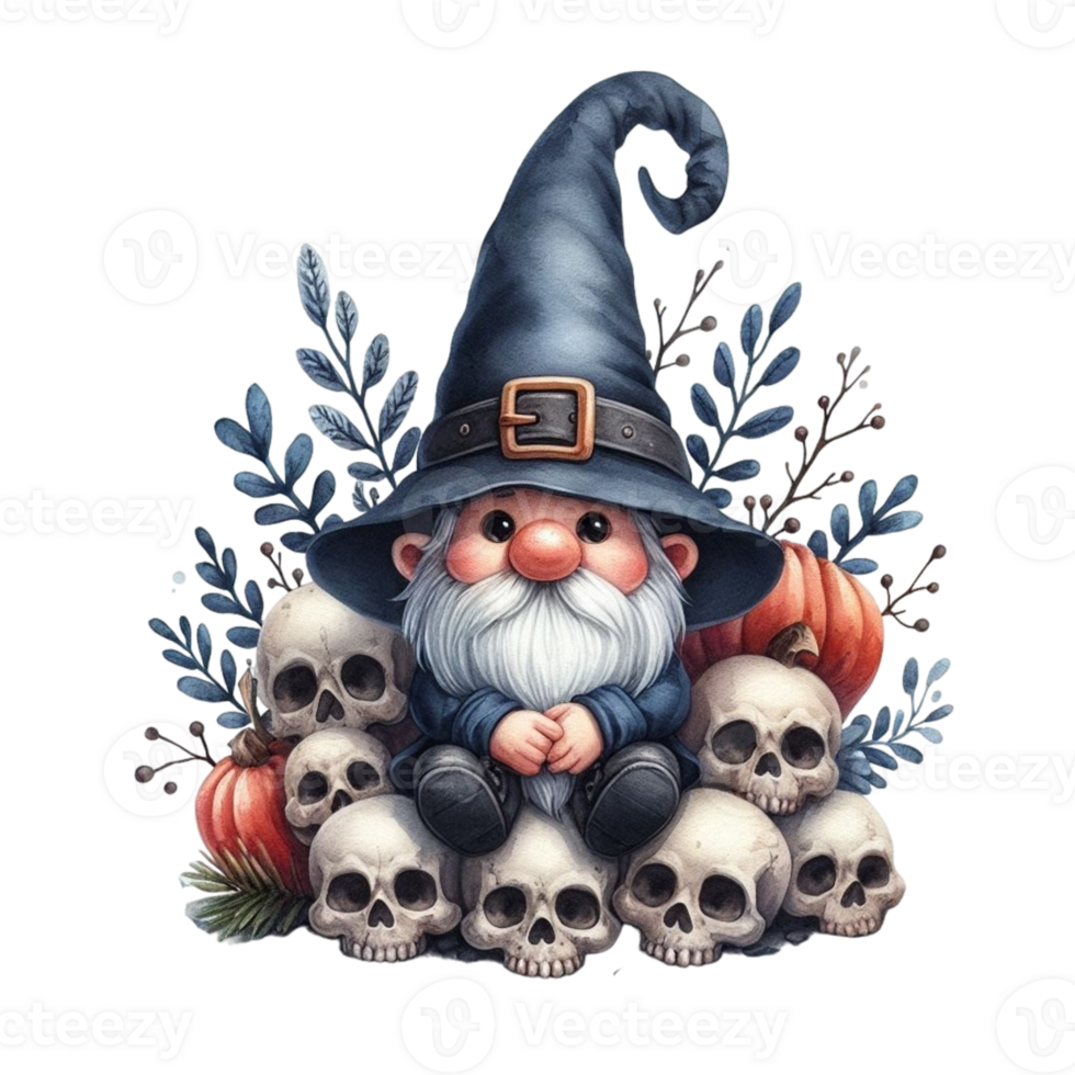 aigenerated a cartoon gnome sitting on a pile of skulls png