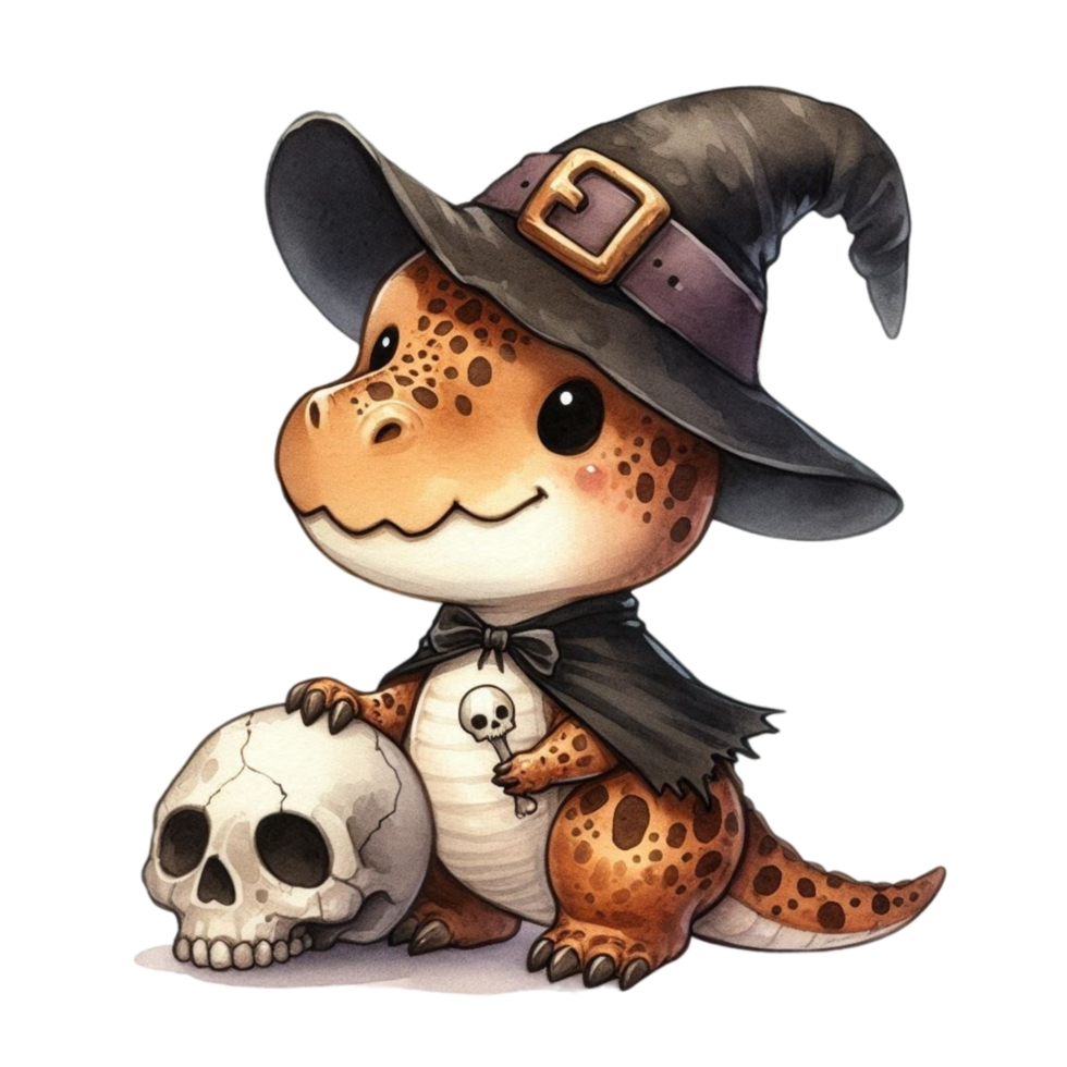 aigenerated cartoon halloween dino with witch hat and skull png