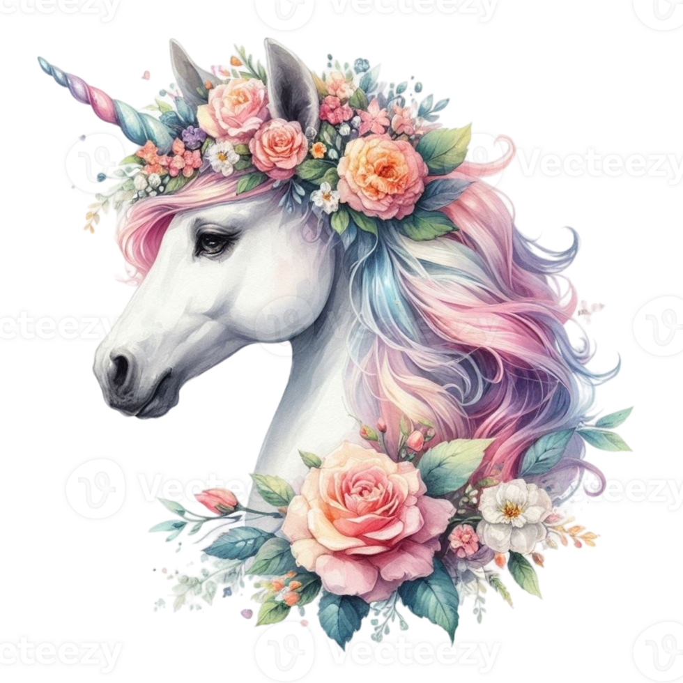 aigenerated unicorn with flowers on its head png