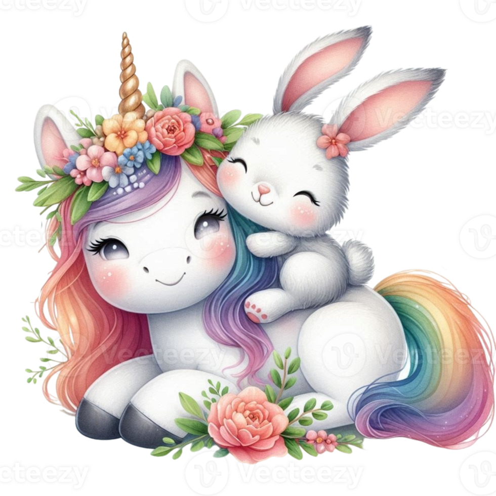aigenerated cute unicorn and bunny with flowers on their heads png