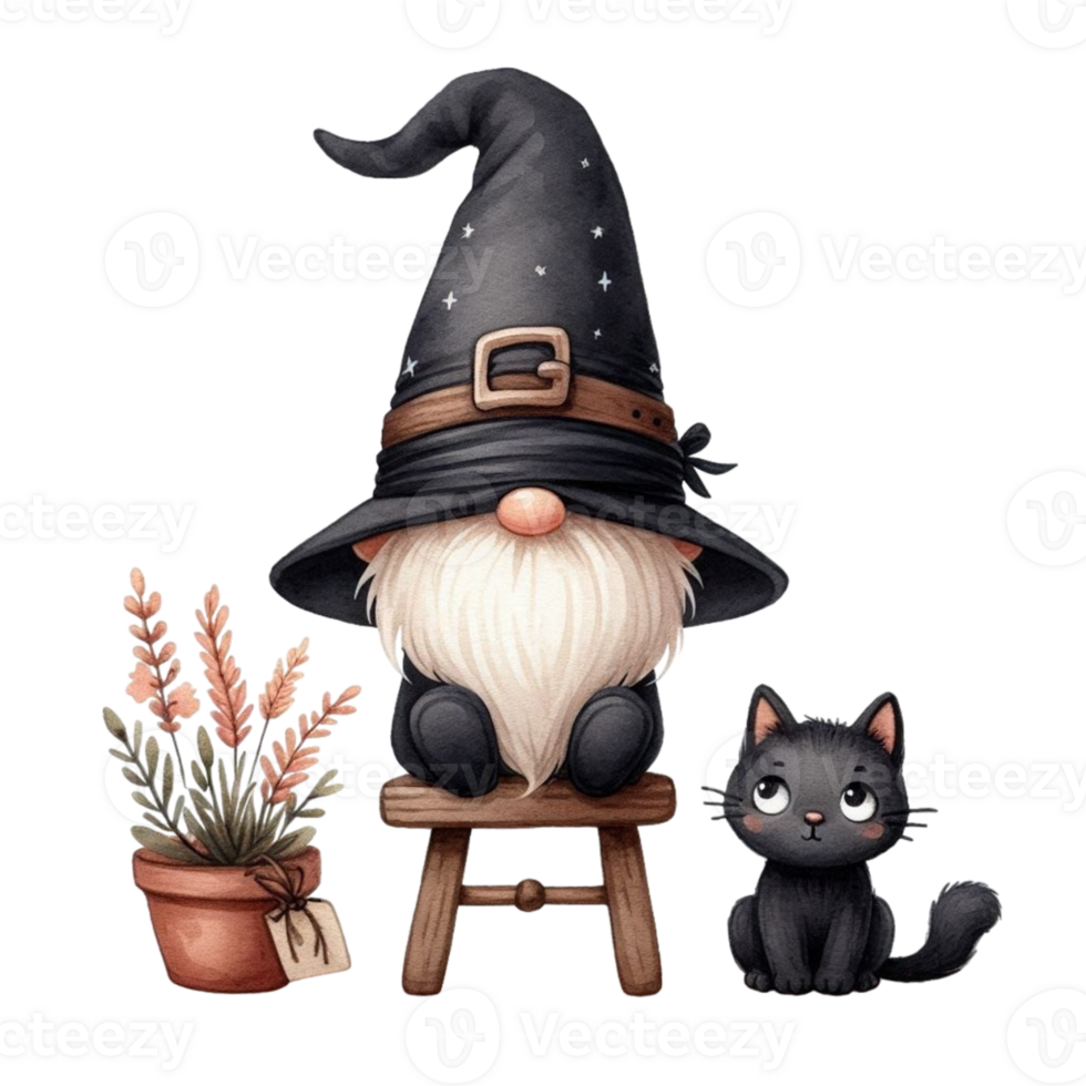 aigenerated a cartoon gnome sitting on a chair with a black cat png