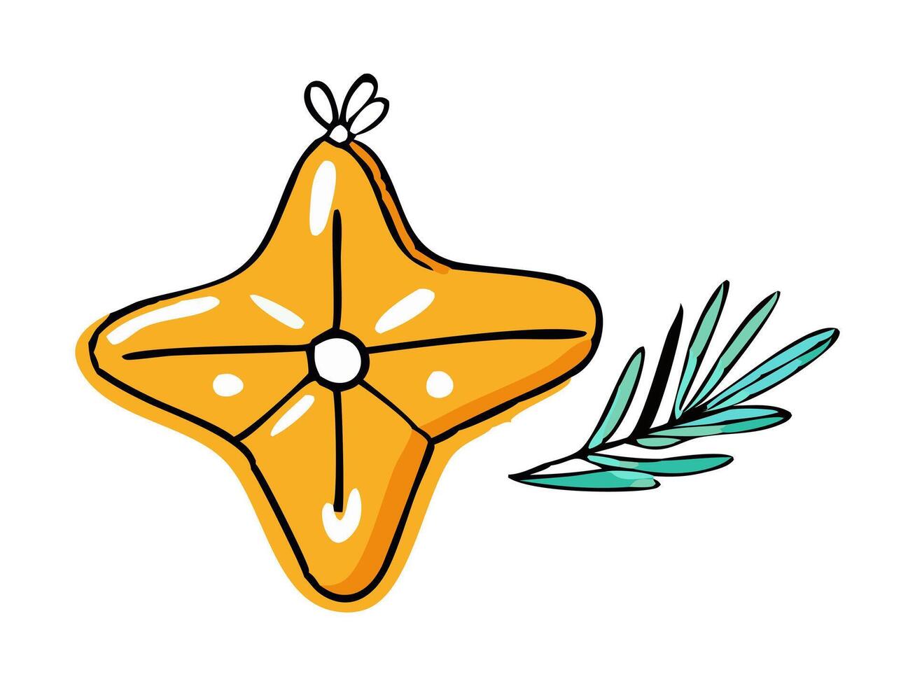 Yellow star-shaped ornament with a branch isolated on a white background. Concept of holiday decoration, festive symbol, simple illustration, Christmas icon. Print, design element. vector