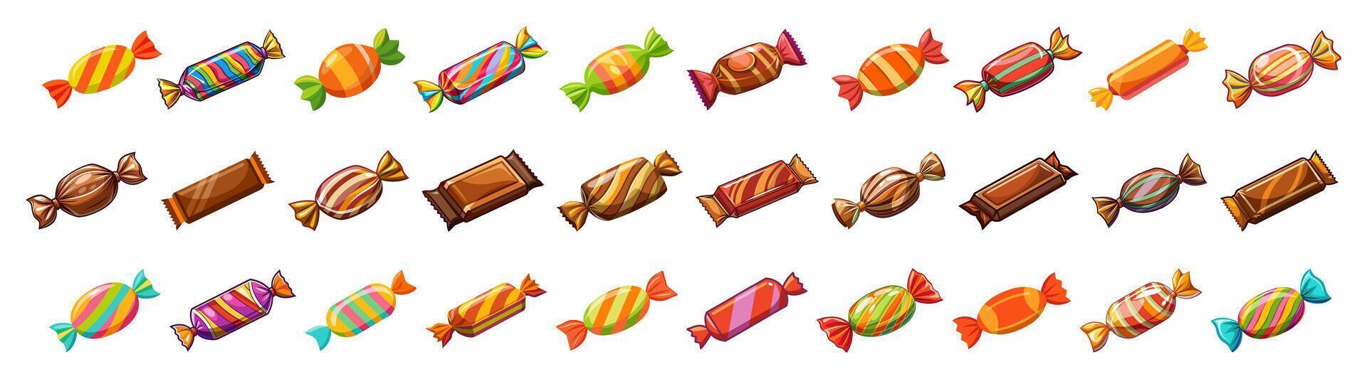 Set of colorful wrapped fruit and chocolate candies isolated on a white background. Design of bonbons. Concept of sweets, confectionery, and fun treats. Print, design elements. Clip art vector